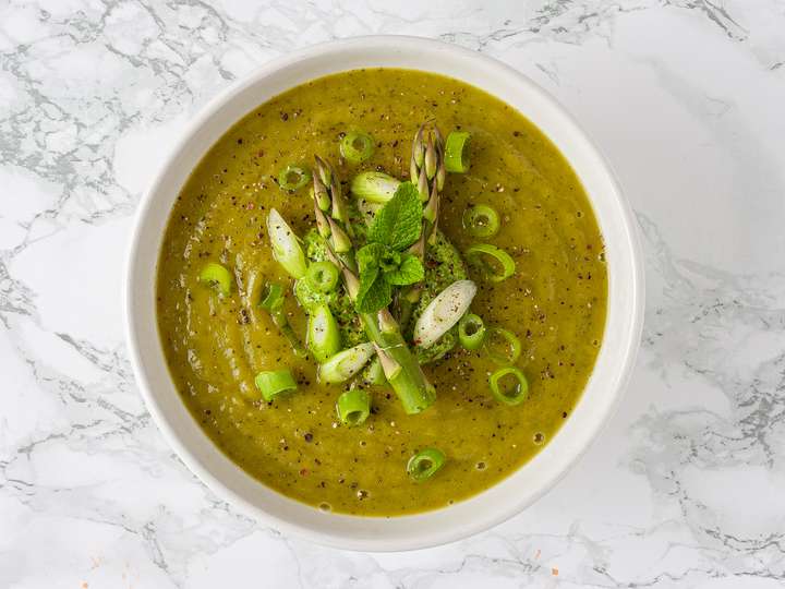 Asparagus and Zucchini Soup with Watercress Pesto Recipe | Foodaciously