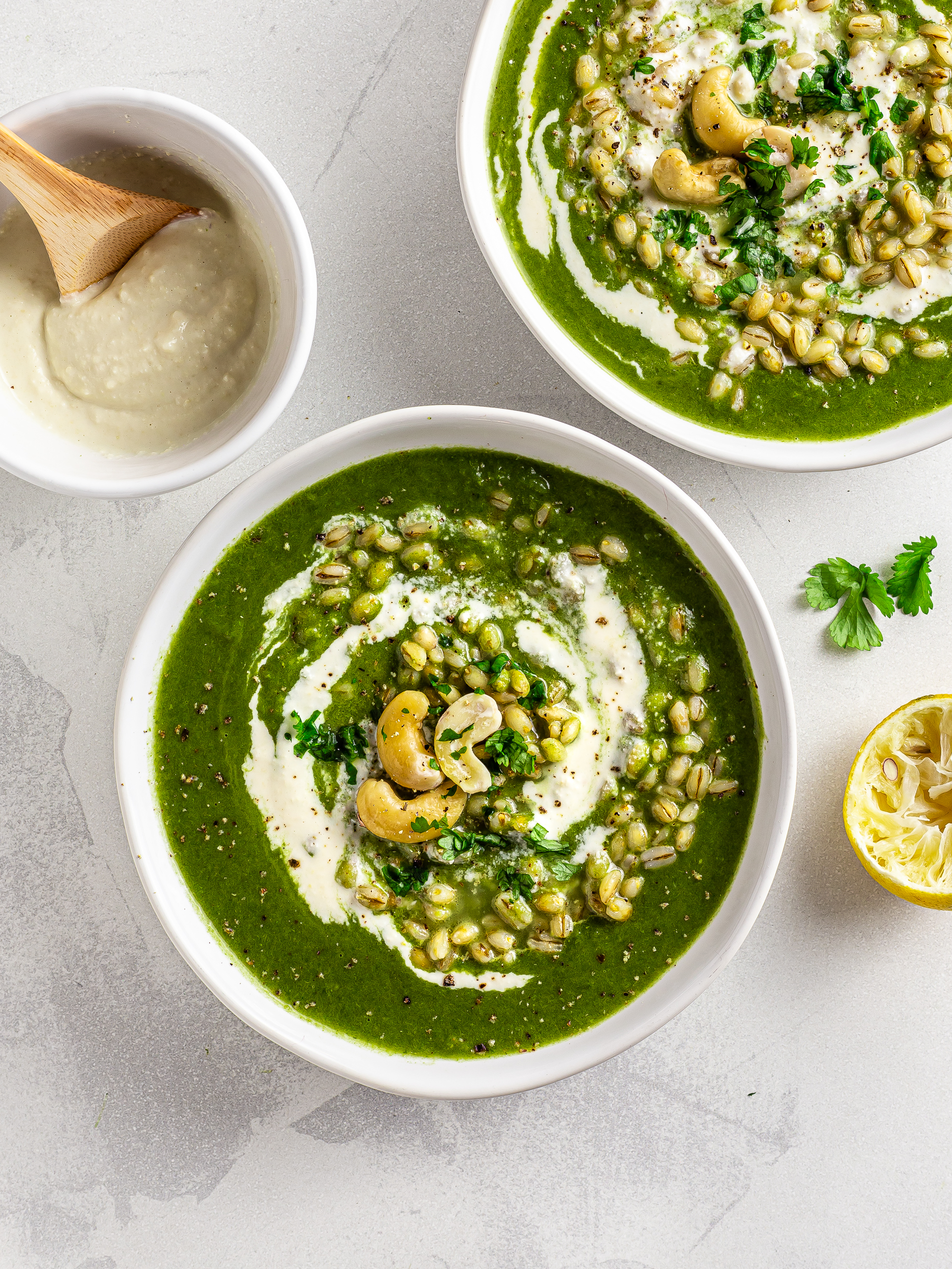 Barley Spinach Soup with Vegan Crème Fraîche
