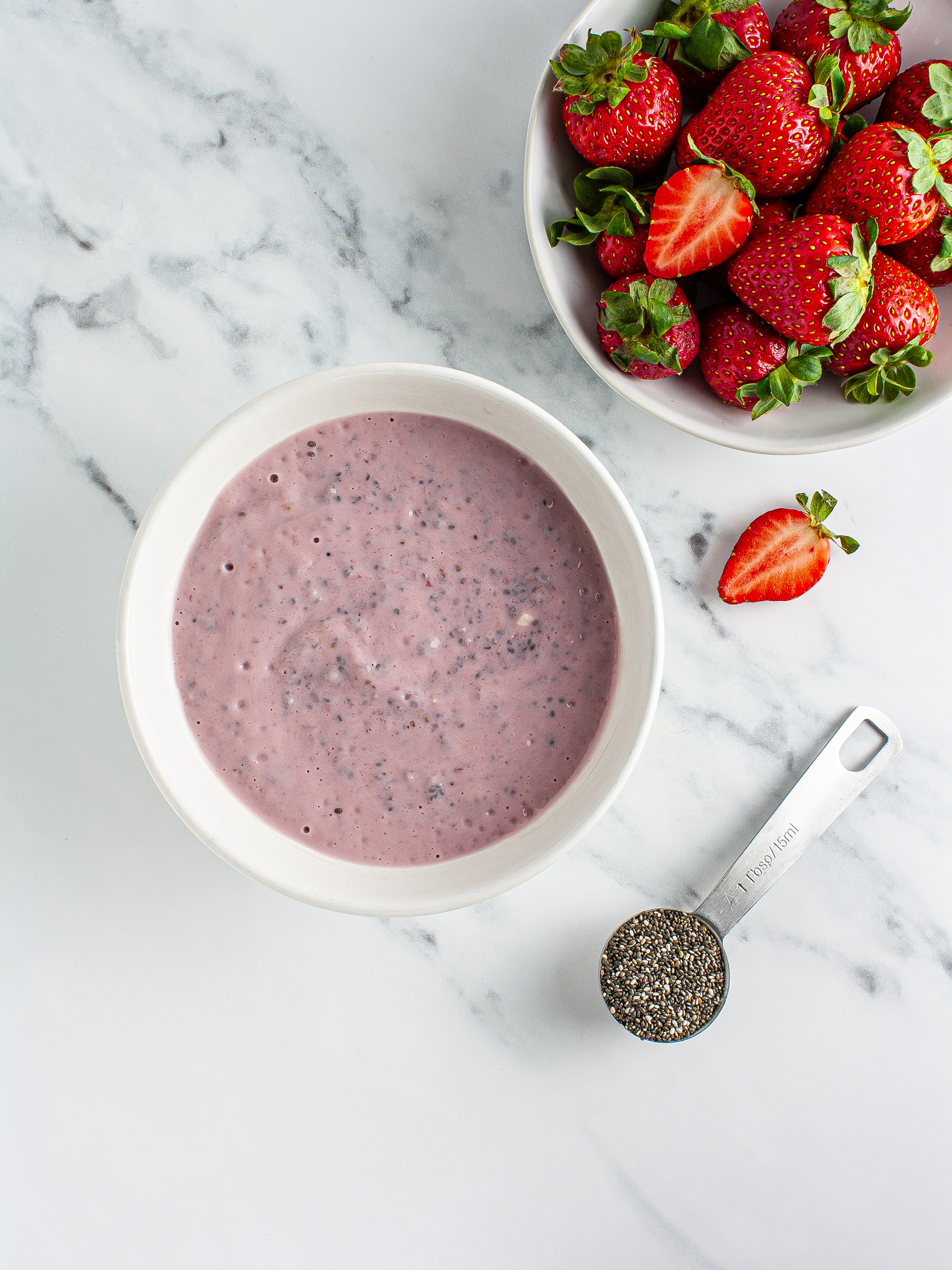 Blended strawberries with chia seeds, banana, and silken tofu 