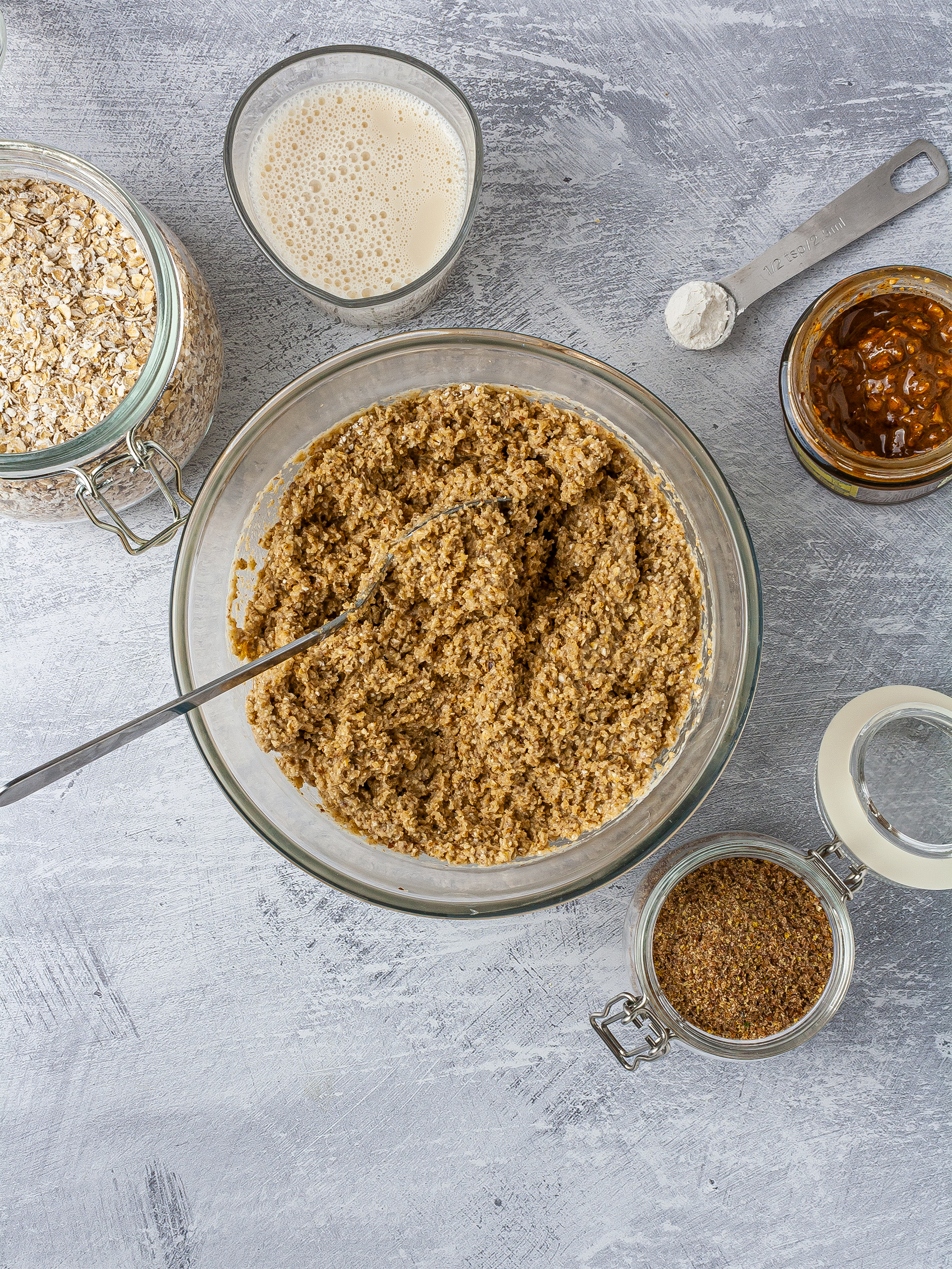 Vegan cookie dough with oat flour, flax seeds, almond milk, and peanut butter