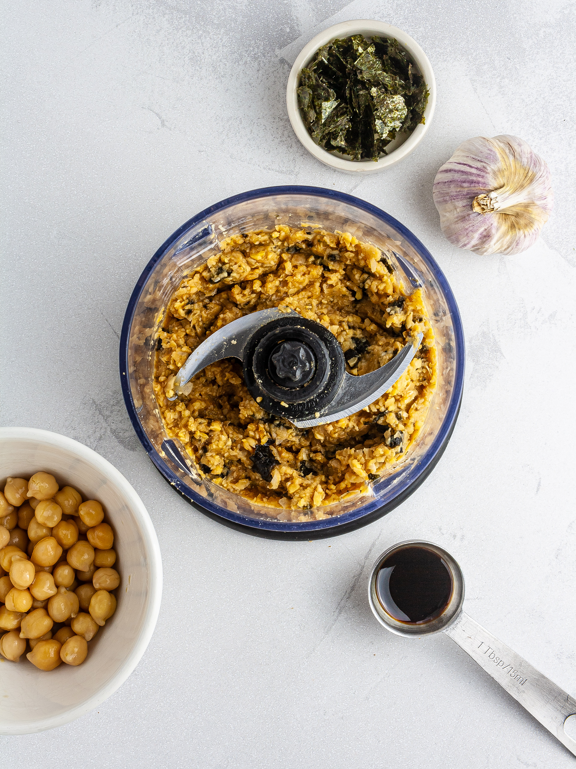 Vegan tuna with chickpeas, soy sauce, and nori sheets.