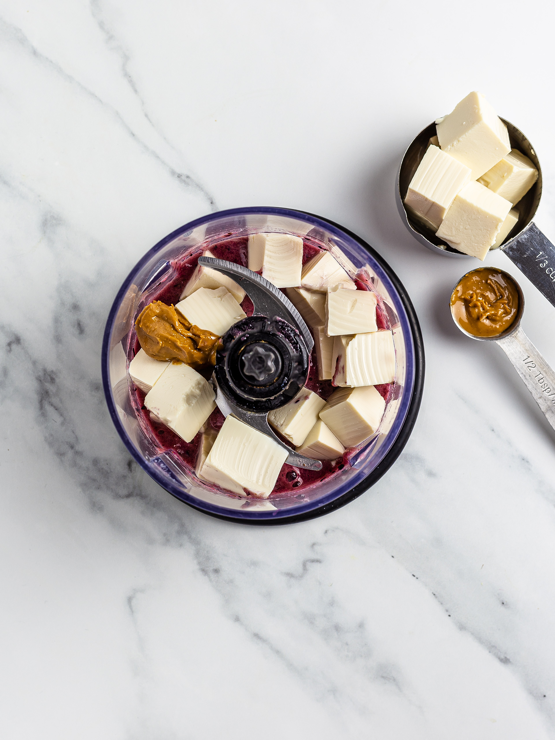 Tofu and almond butter with blueberry smoothie