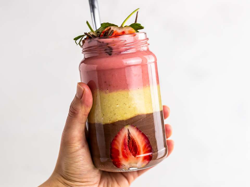 Layered Chocolate Strawberry Banana Smoothie | Foodaciously
