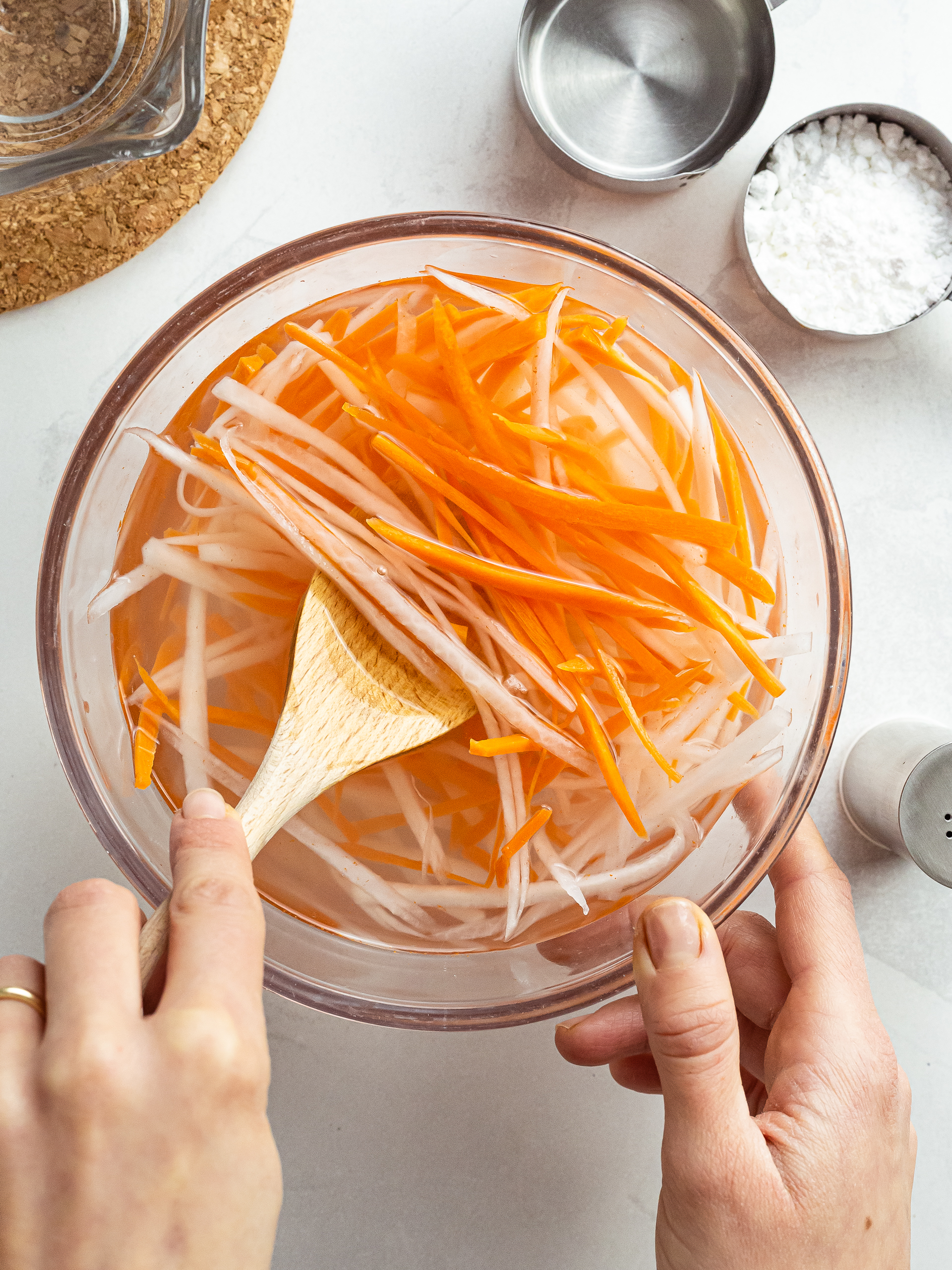 carrots and daikon julienned and pickled in vinegar