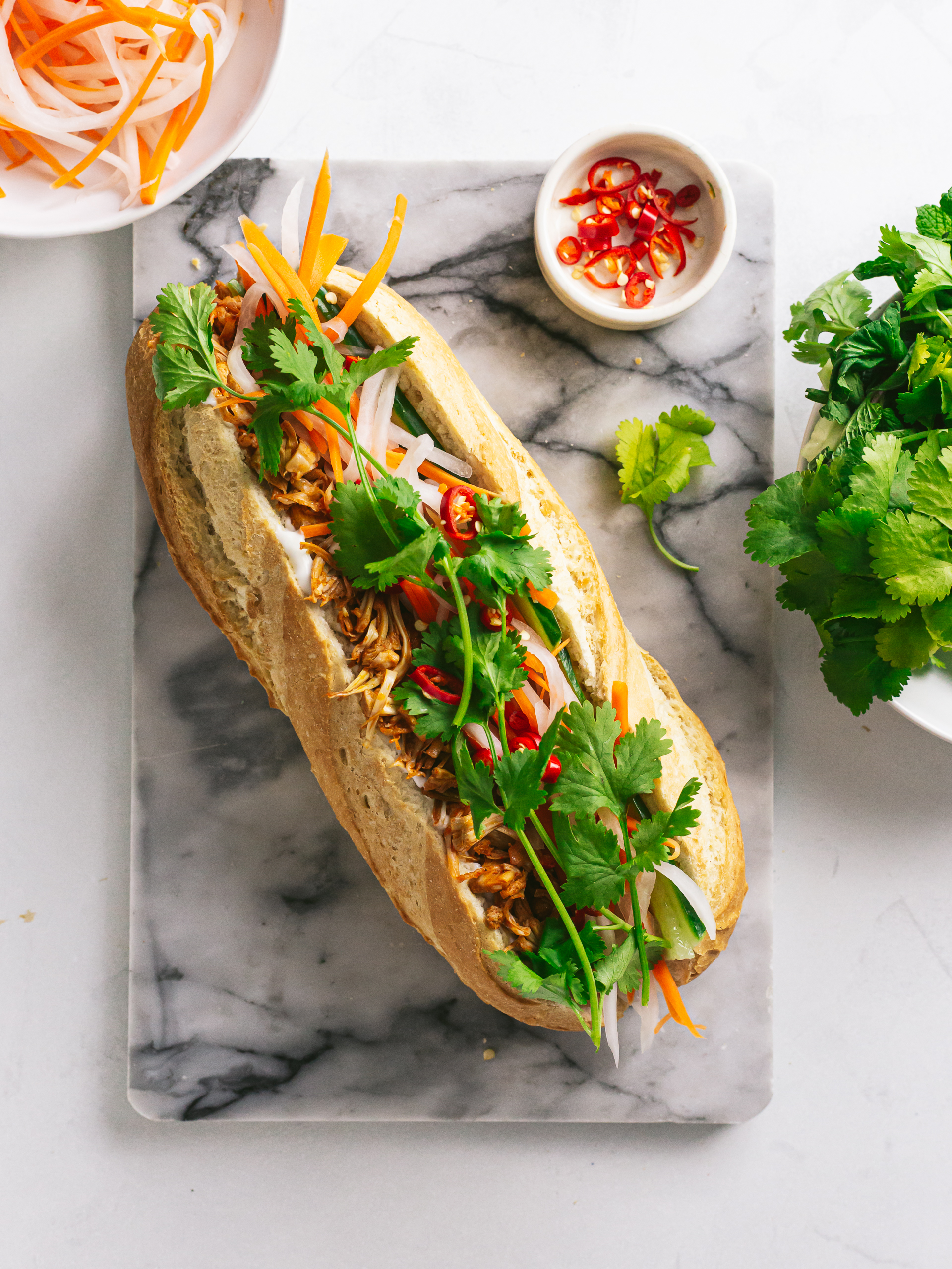 vegan vietnamese banh mi with pulled jackfruit filling