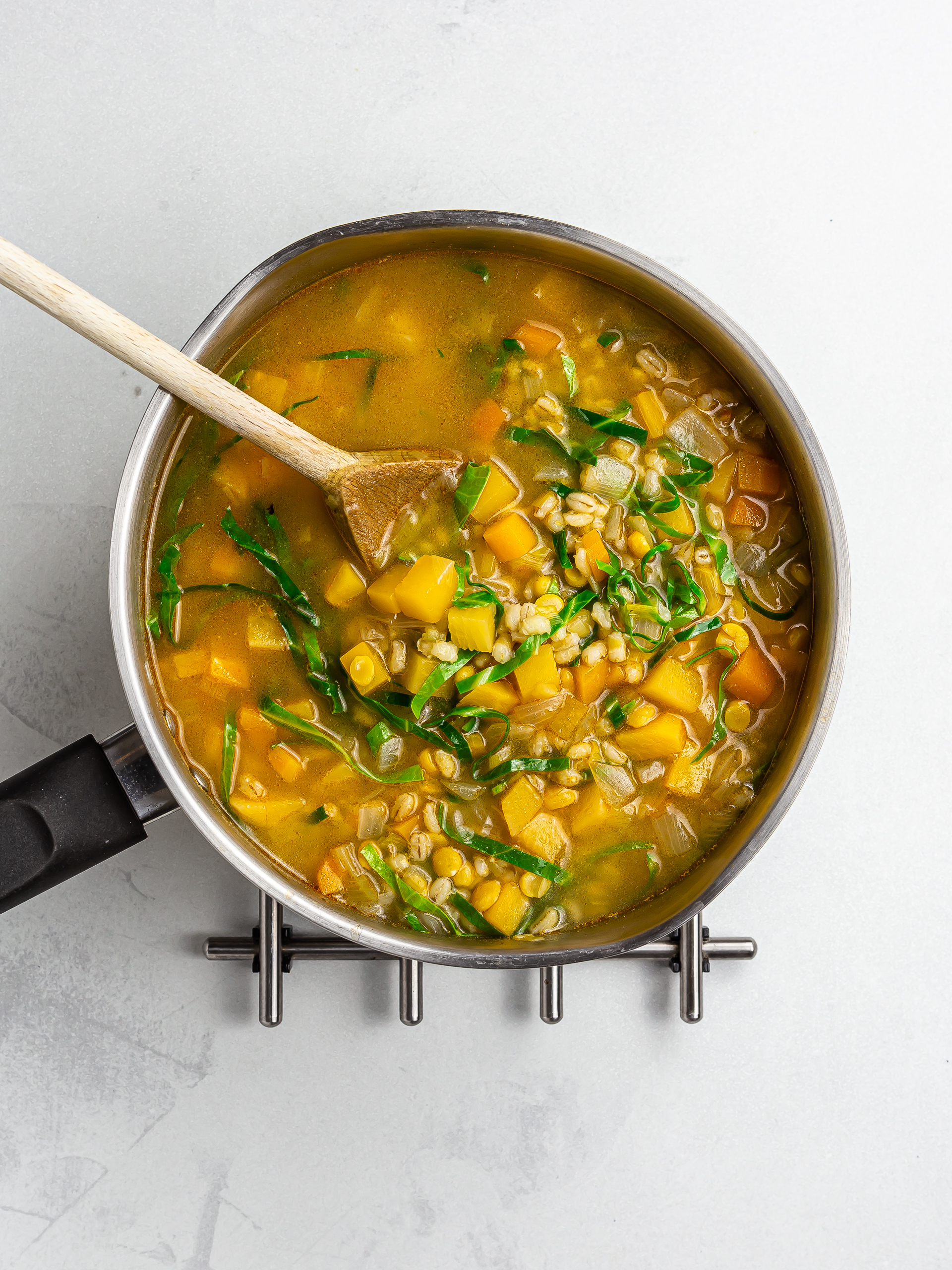 vegan scotch broth with shredded cabbage