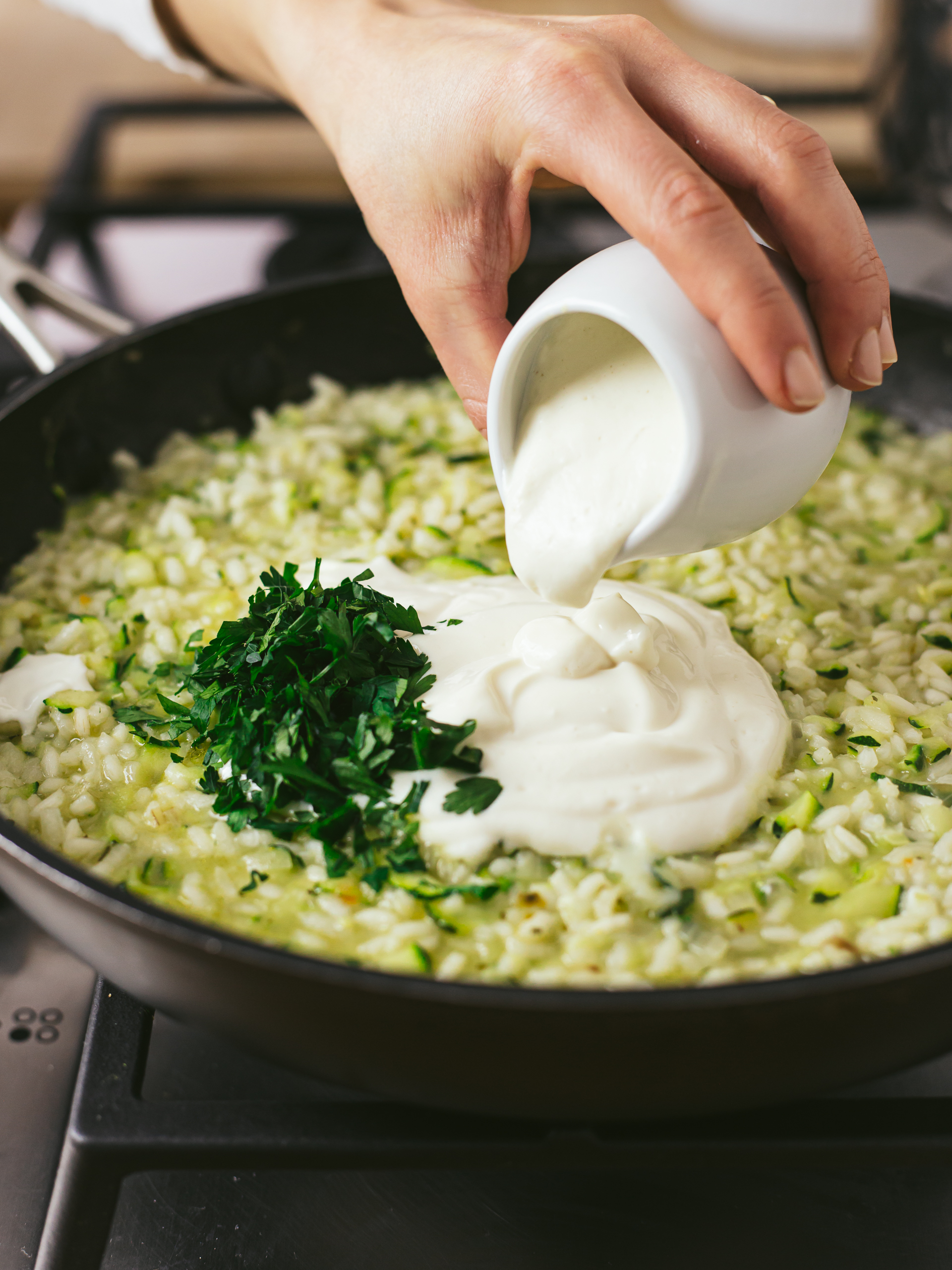 zucchini risotto with silken tofu and parsley