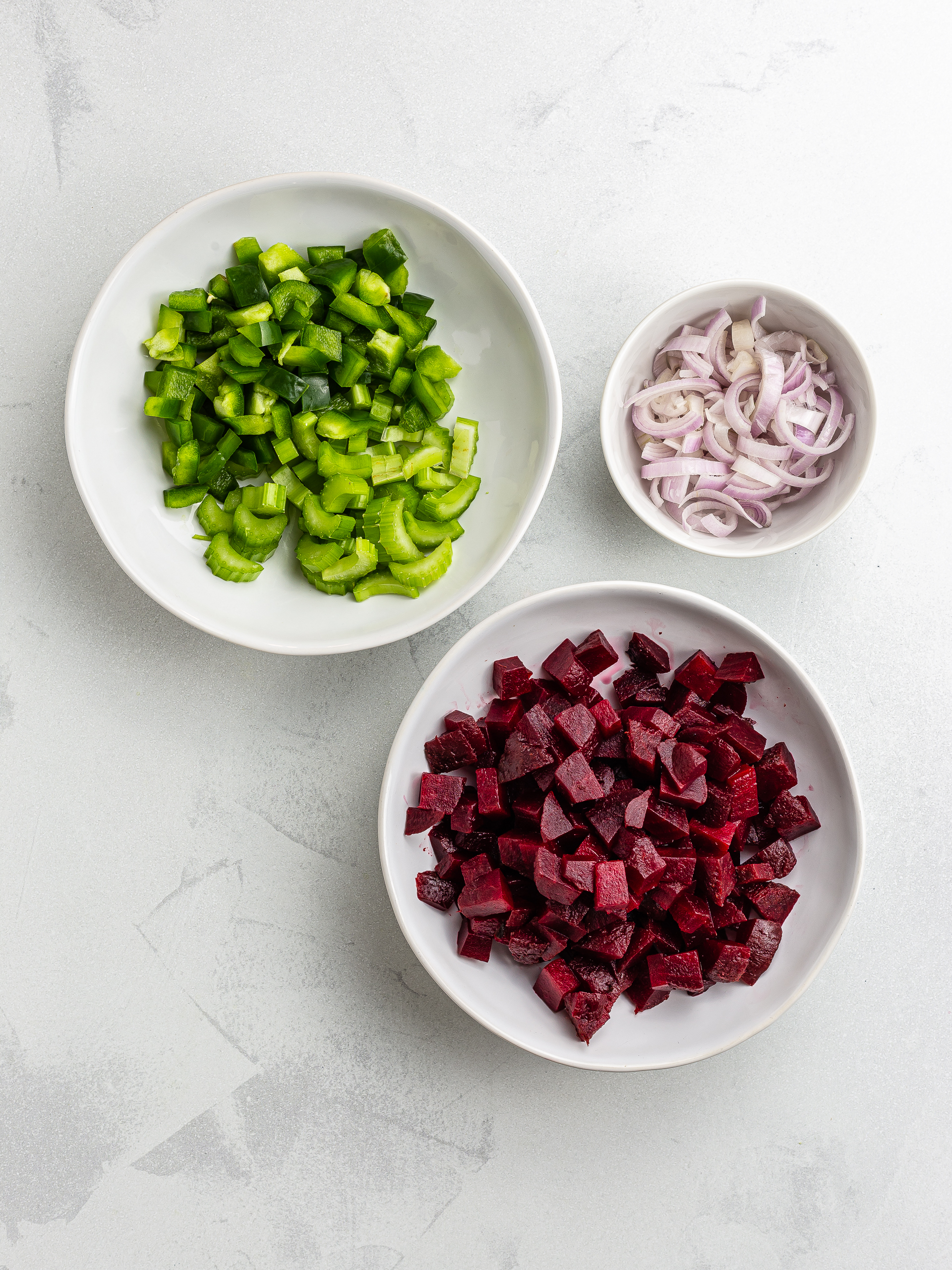 diced beets, peppers, and celery