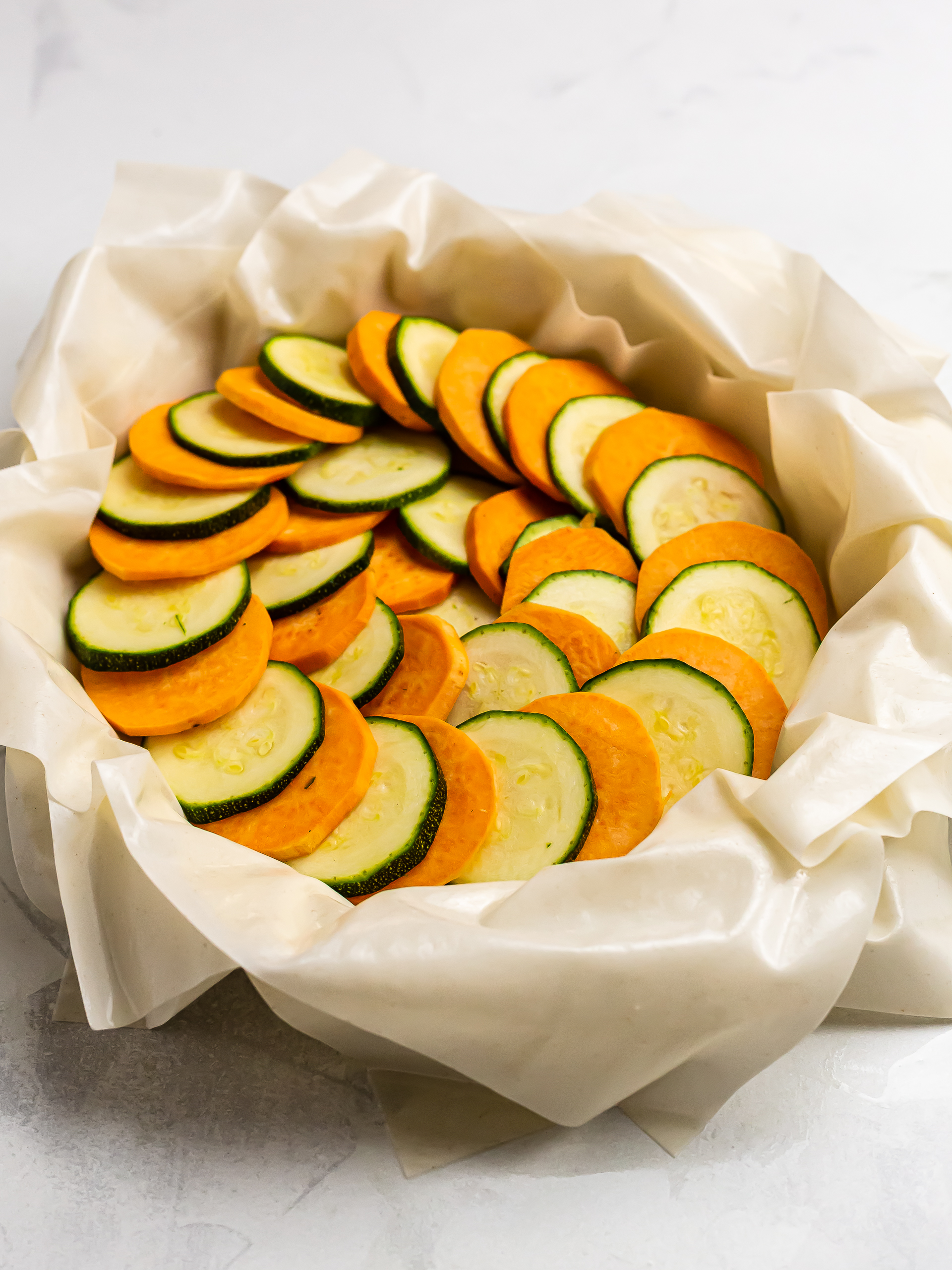 filo pie filled with zucchini and sweet potatoes