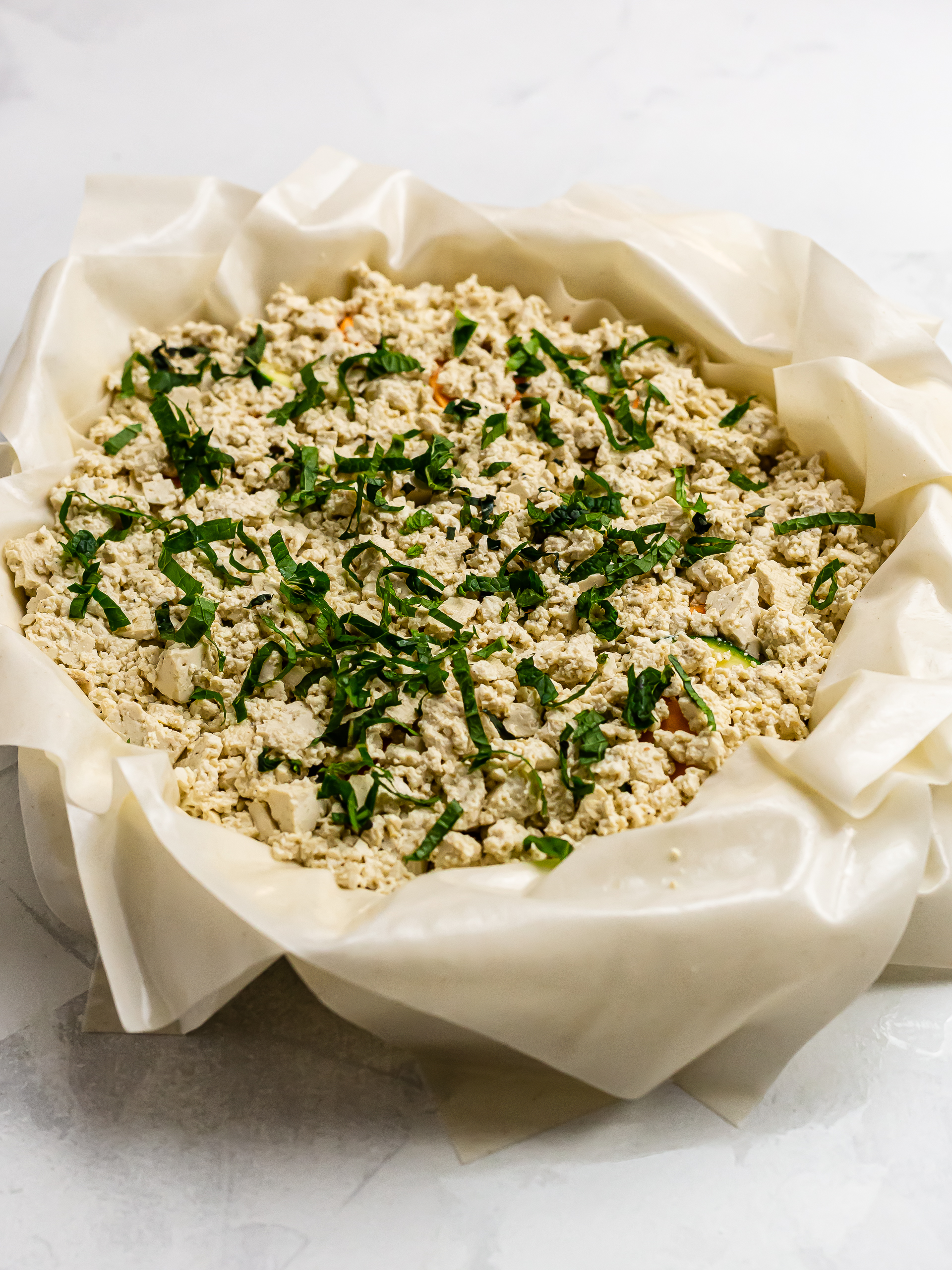 greek filo pie with crumbled tofu and mint