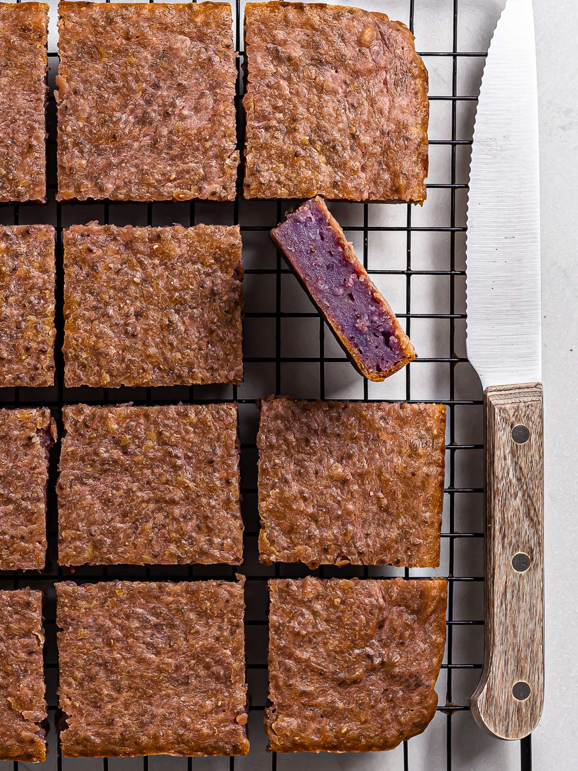 baked ube brownies cut into squares