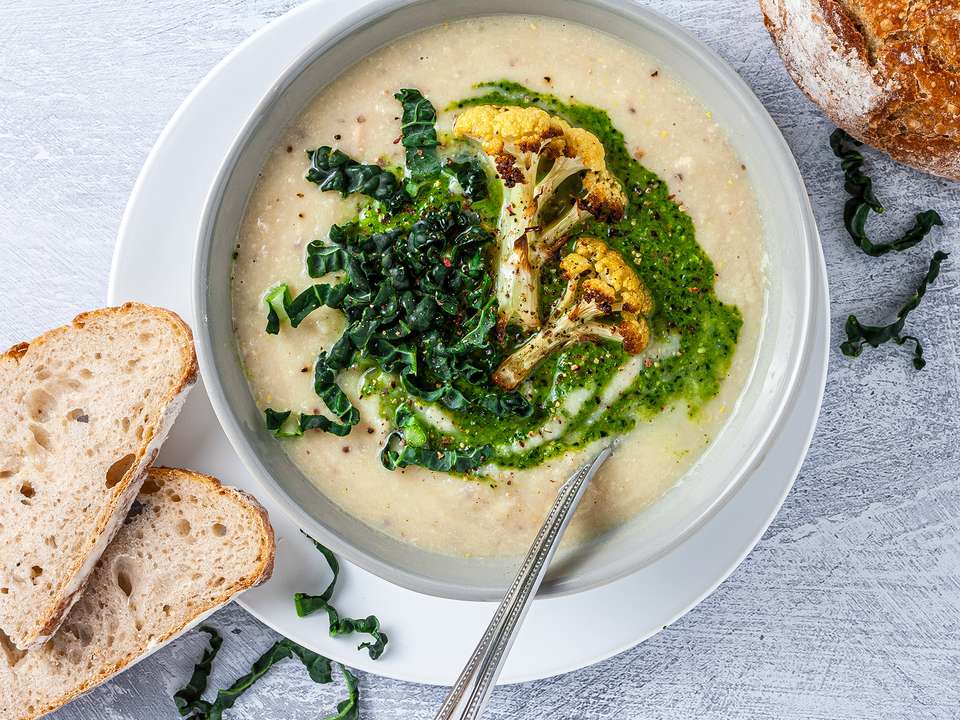 Vegan Cauliflower and Kale White Bean Soup Recipe | Foodaciously