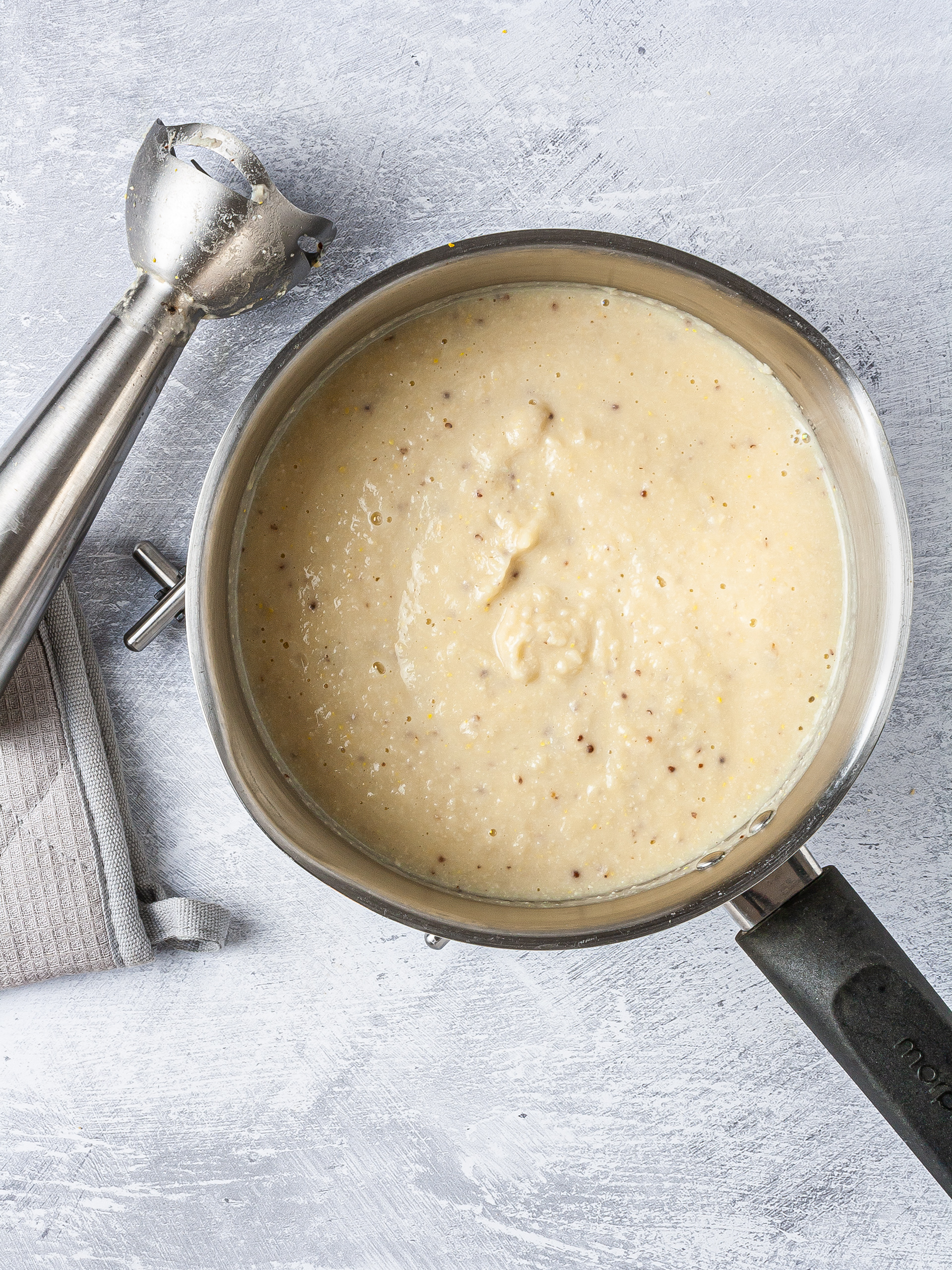 Blended white bean soup in a pot