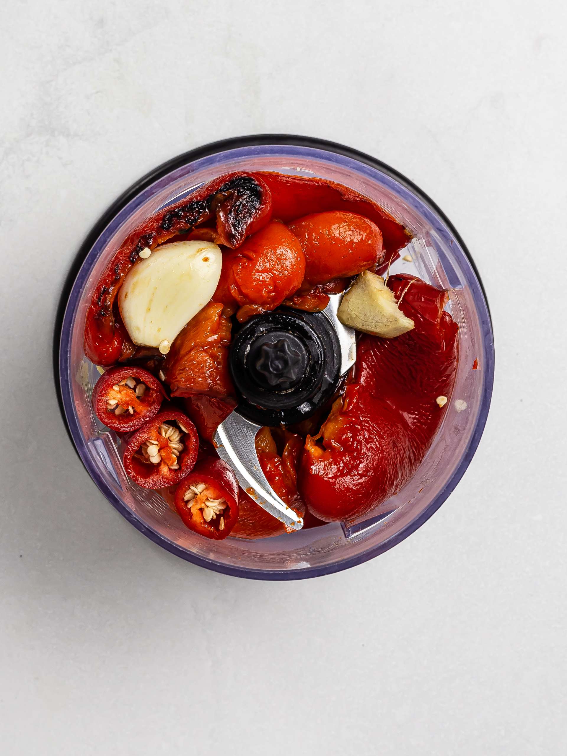 red peppers chillies and garlic in a blender