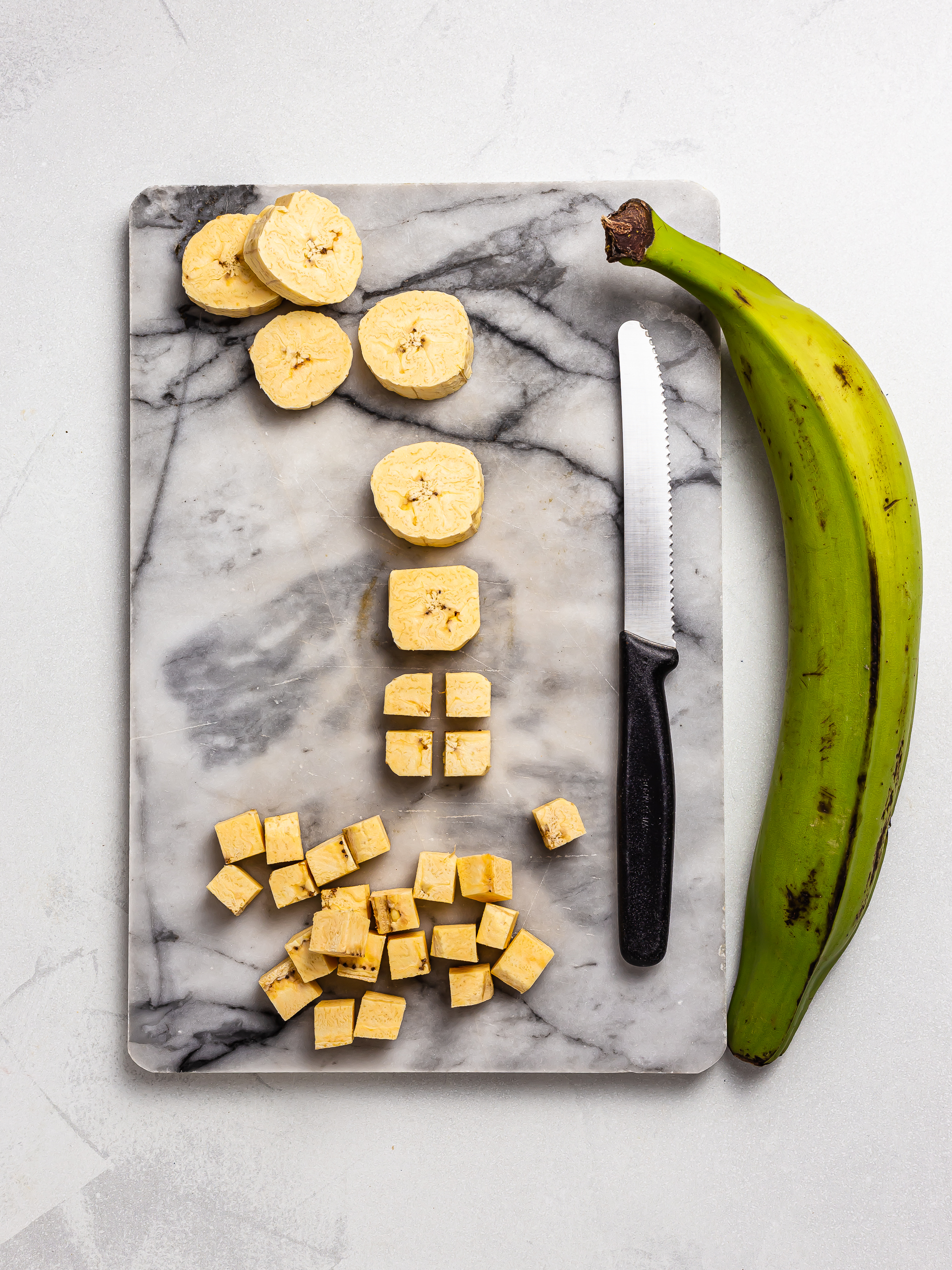 green plantain cut into croutons