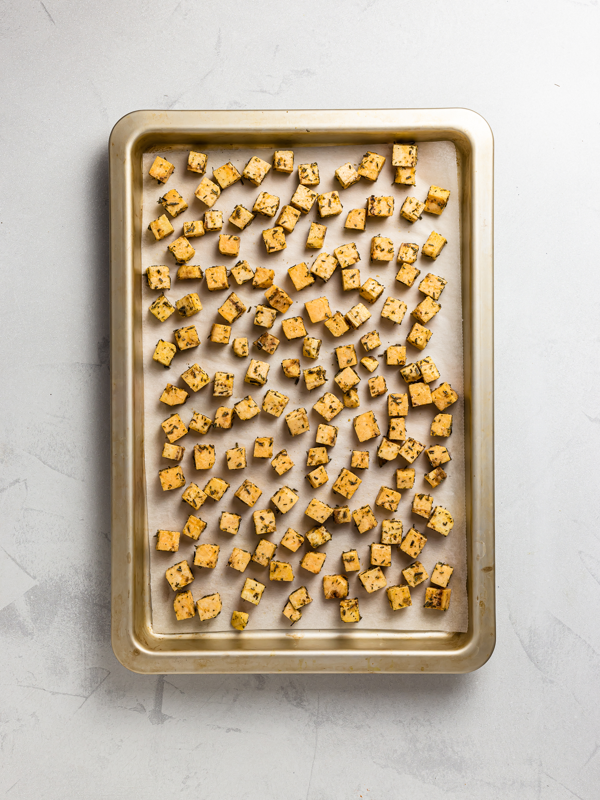plantain croutons on a baking tray