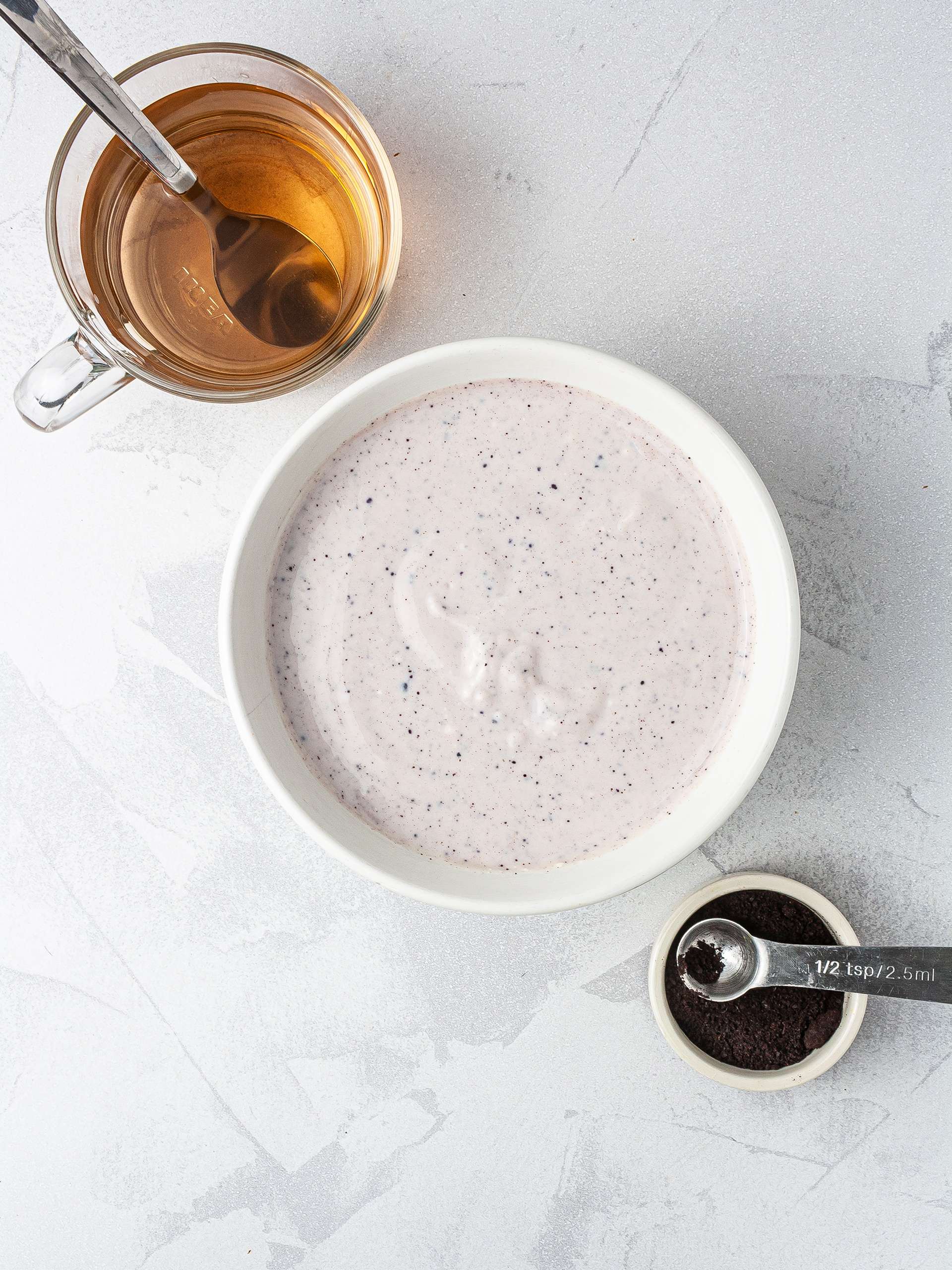 Lavender tea smoothie with soy yogurt and acai berry powder