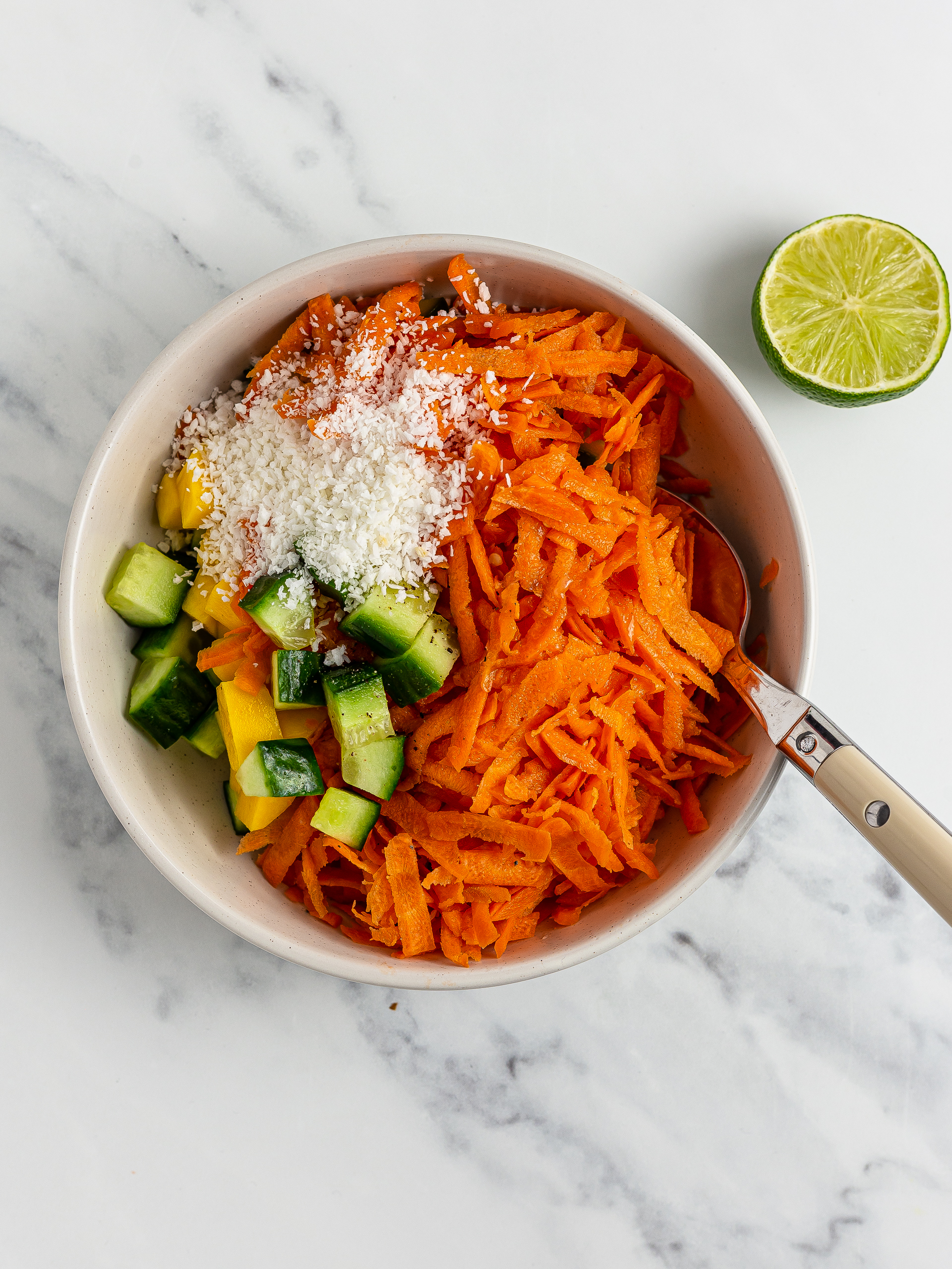 carrot kosambari salad with coconut and lime