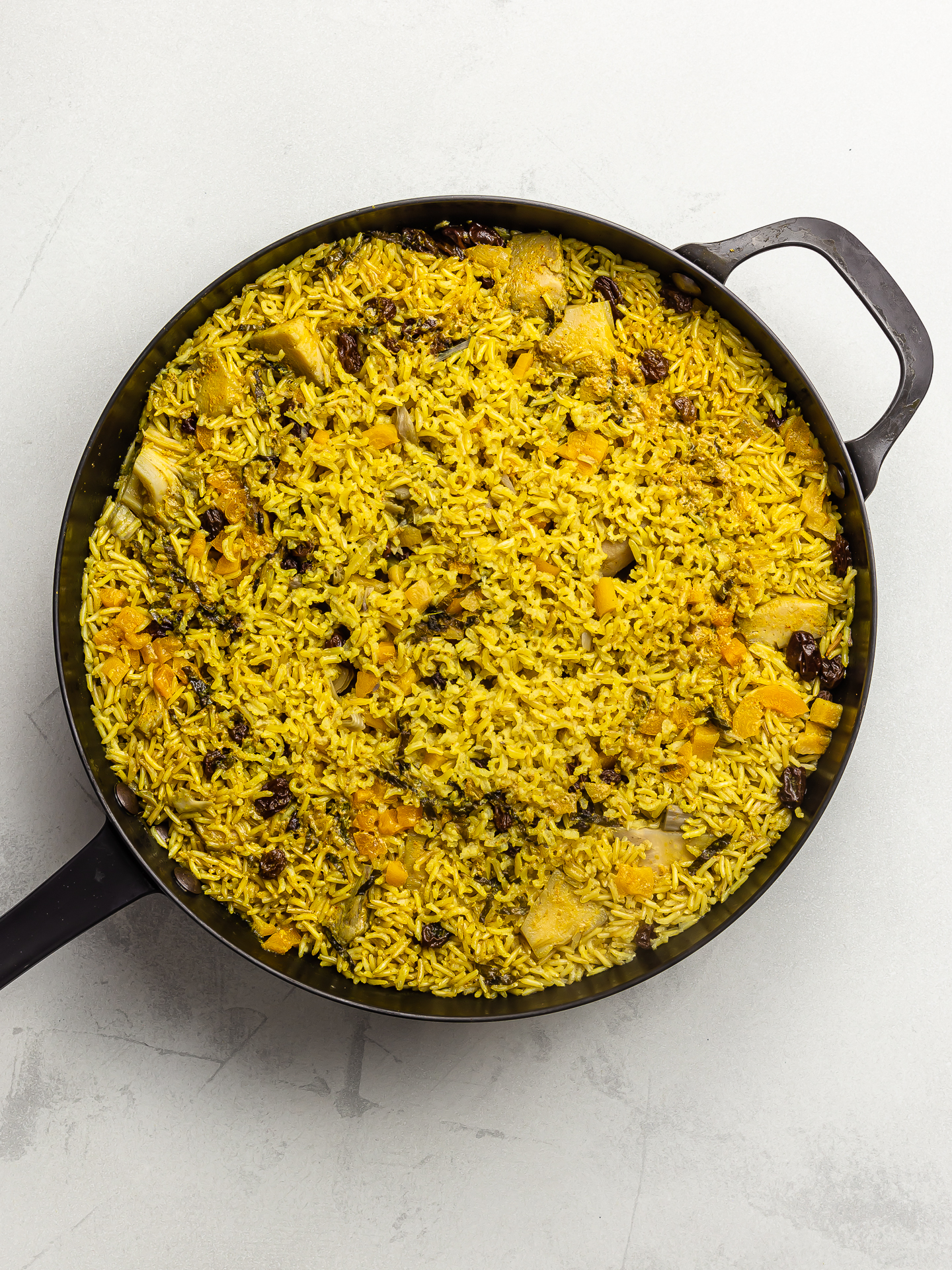 jackfruit biryani cooked in a skillet