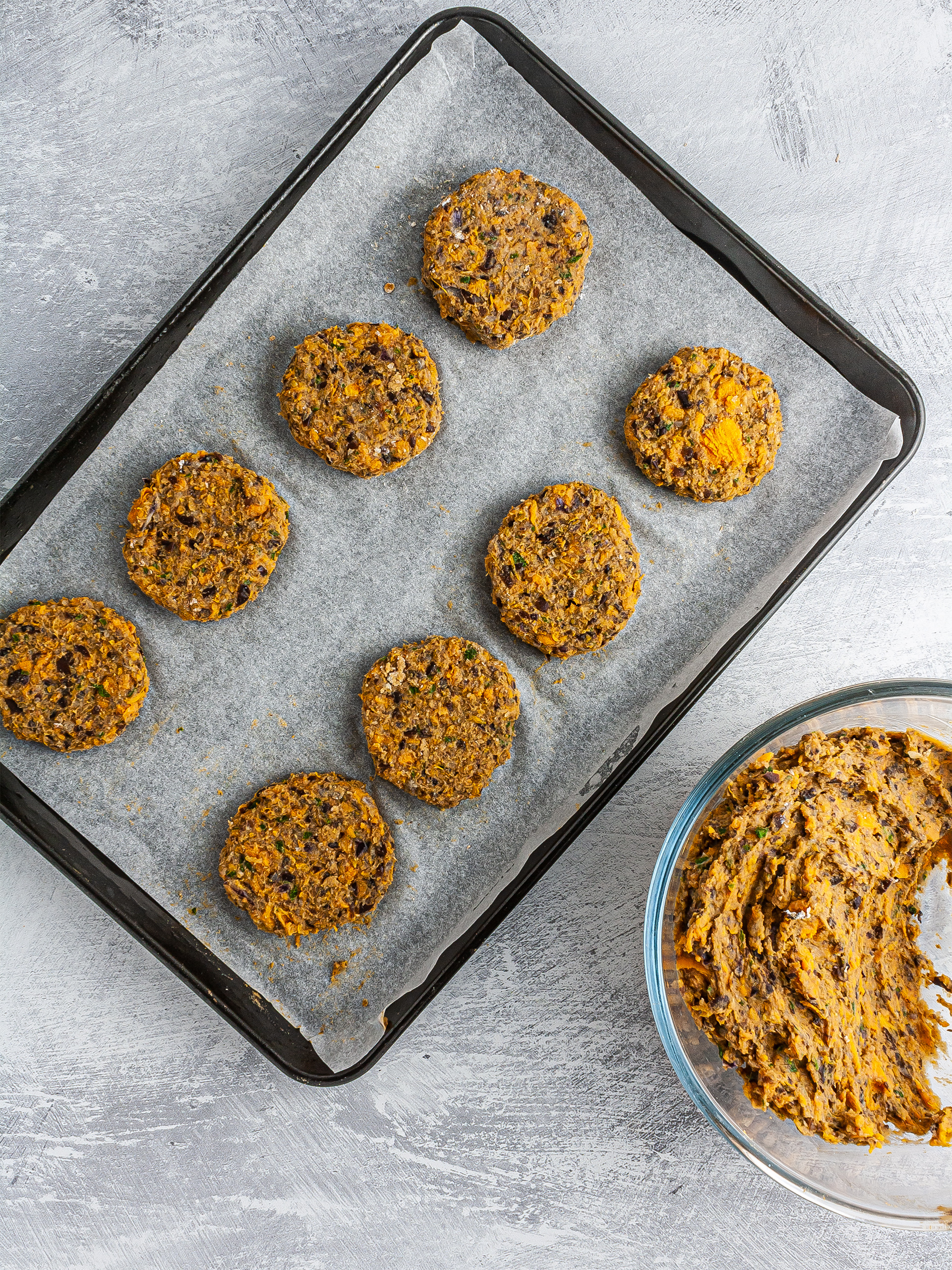 Shaped falafels on a baking tray