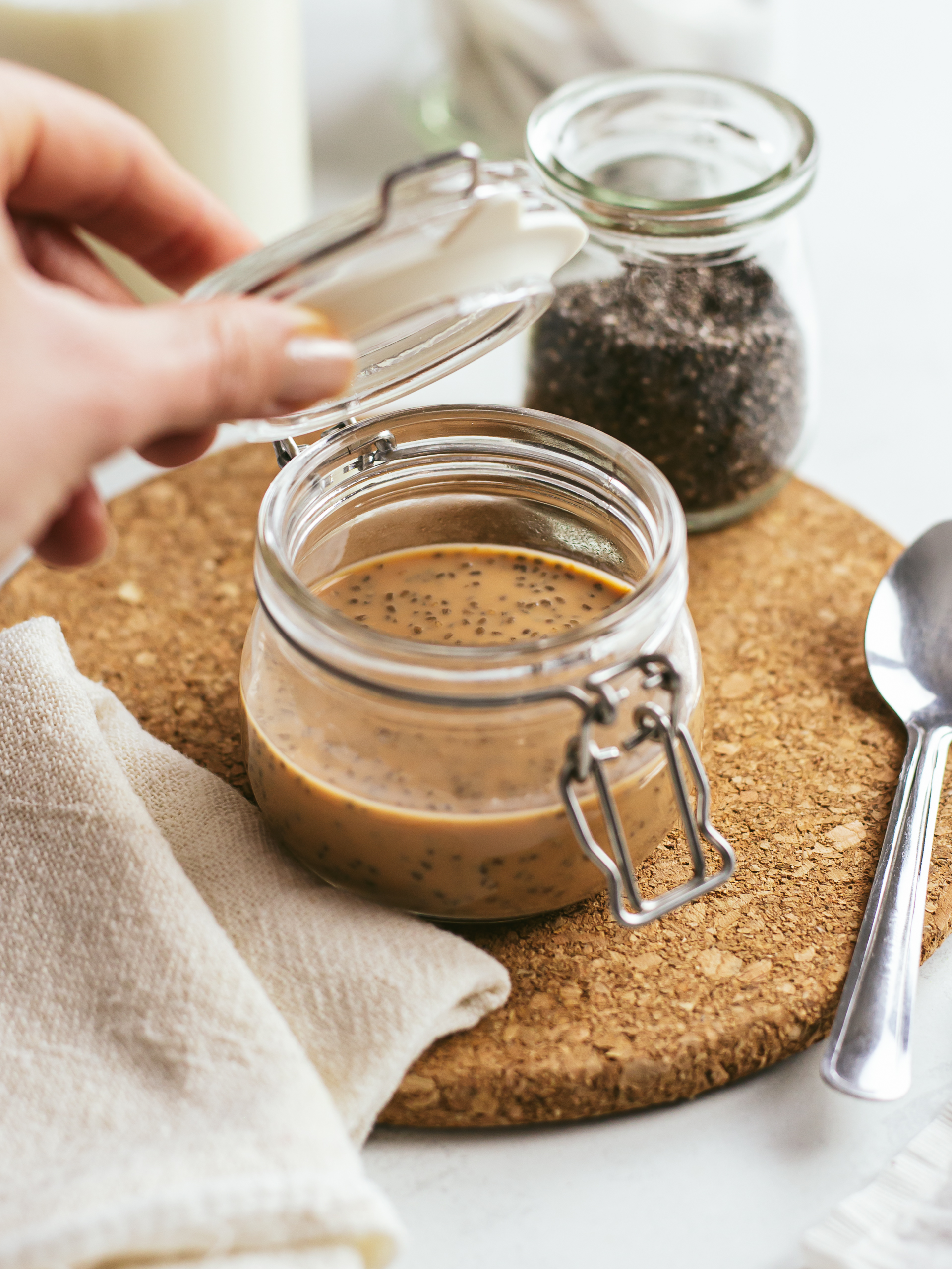 chai chia seed pudding in a jar to soak