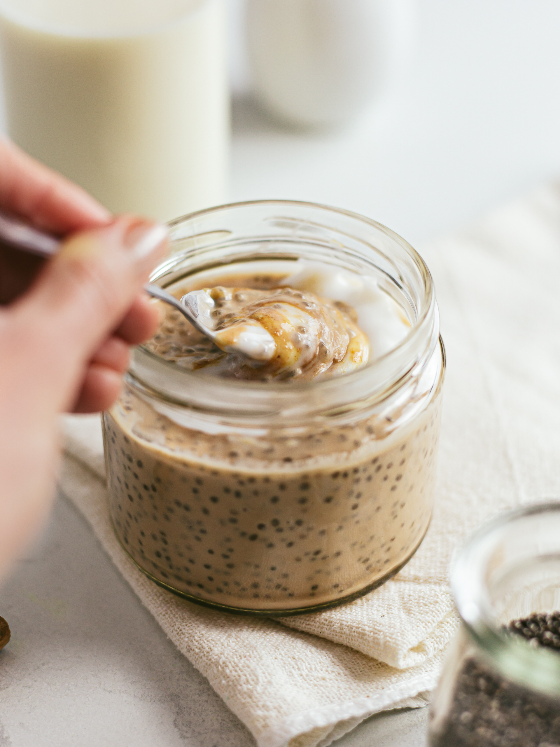 chai chia pudding with yogurt and peanut butter