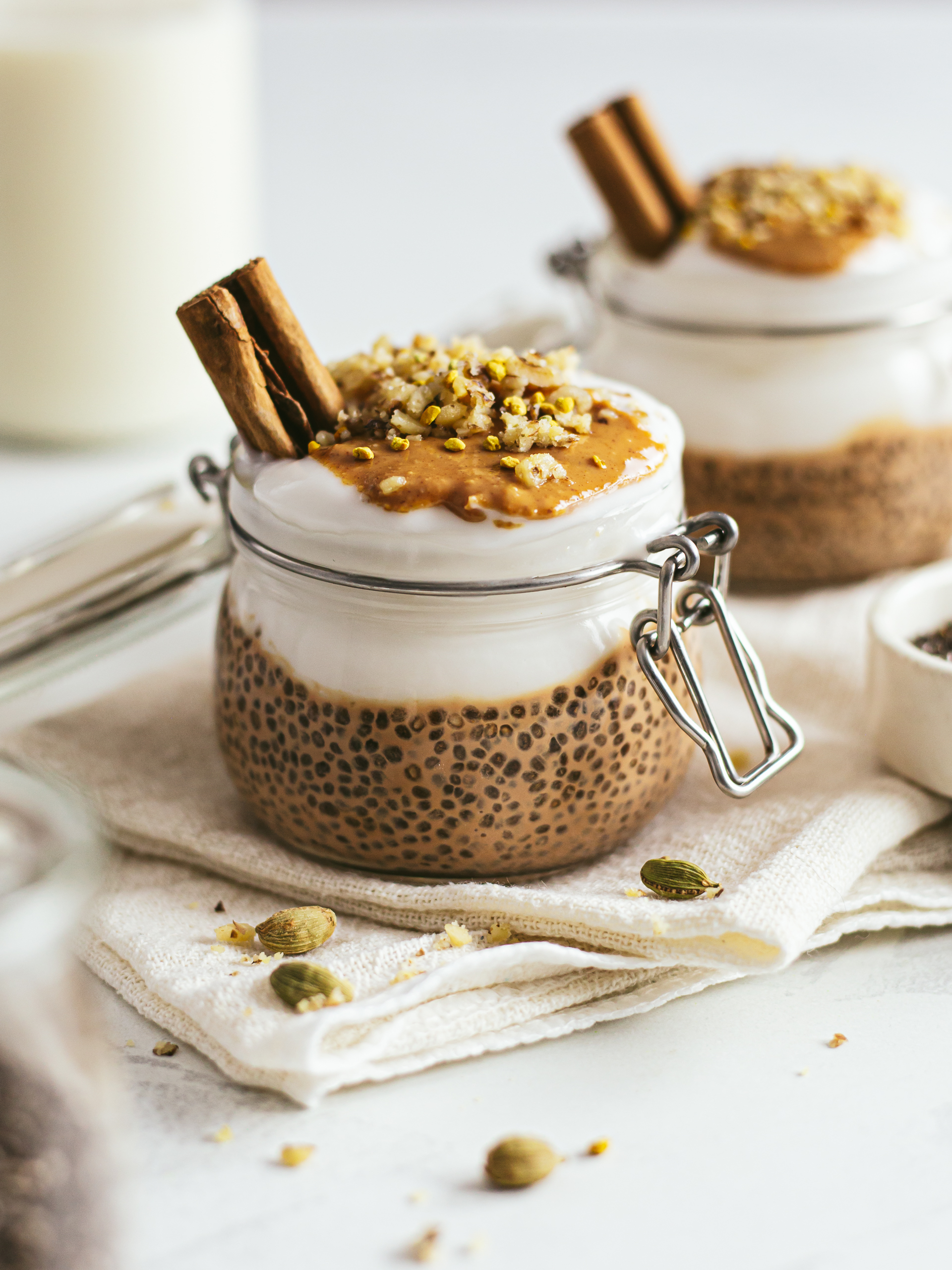 chai chia pudding with yogurt and peanut butter