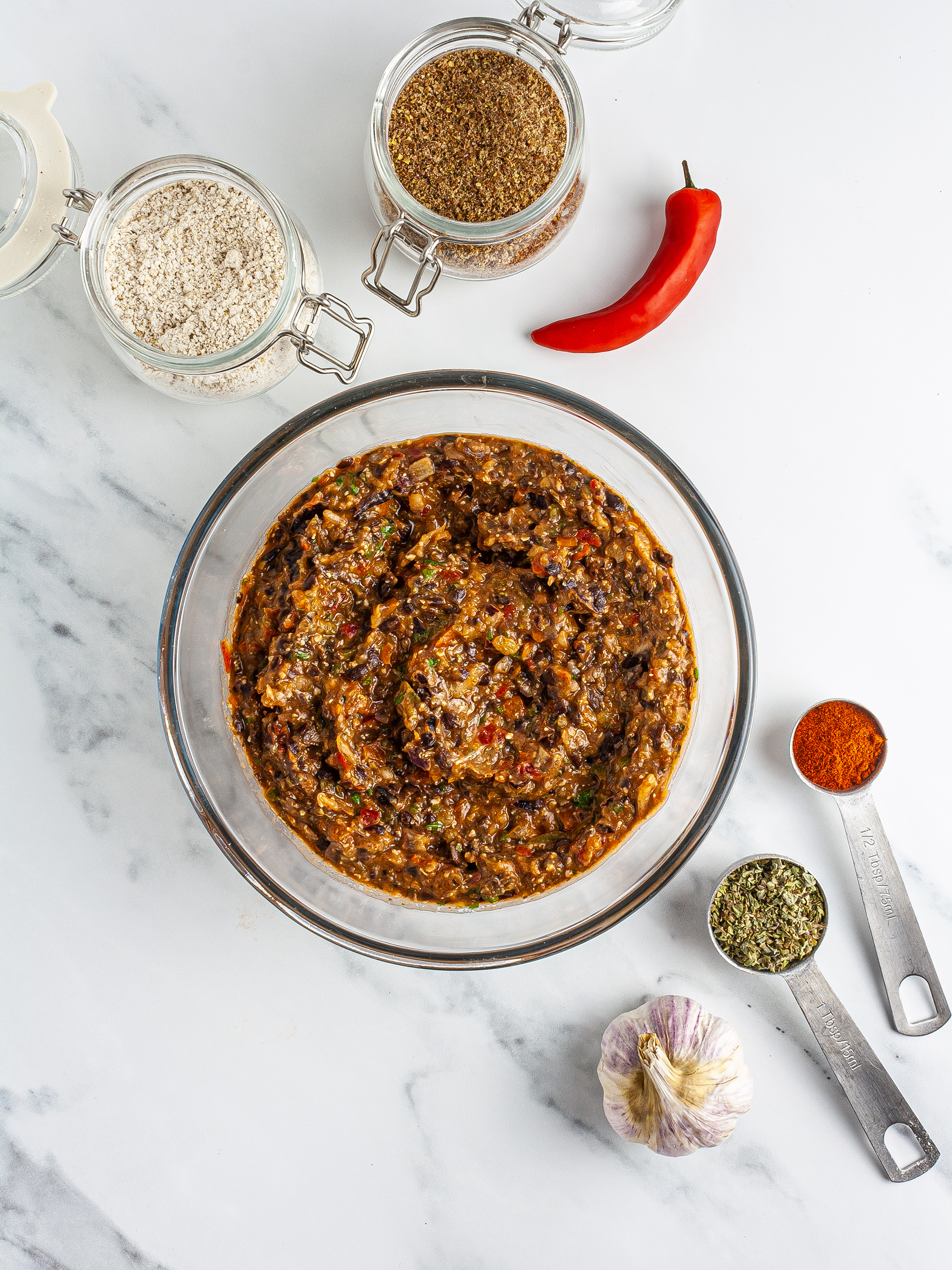 Fritter batter with spices, garlic, oats, and flaxseeeds