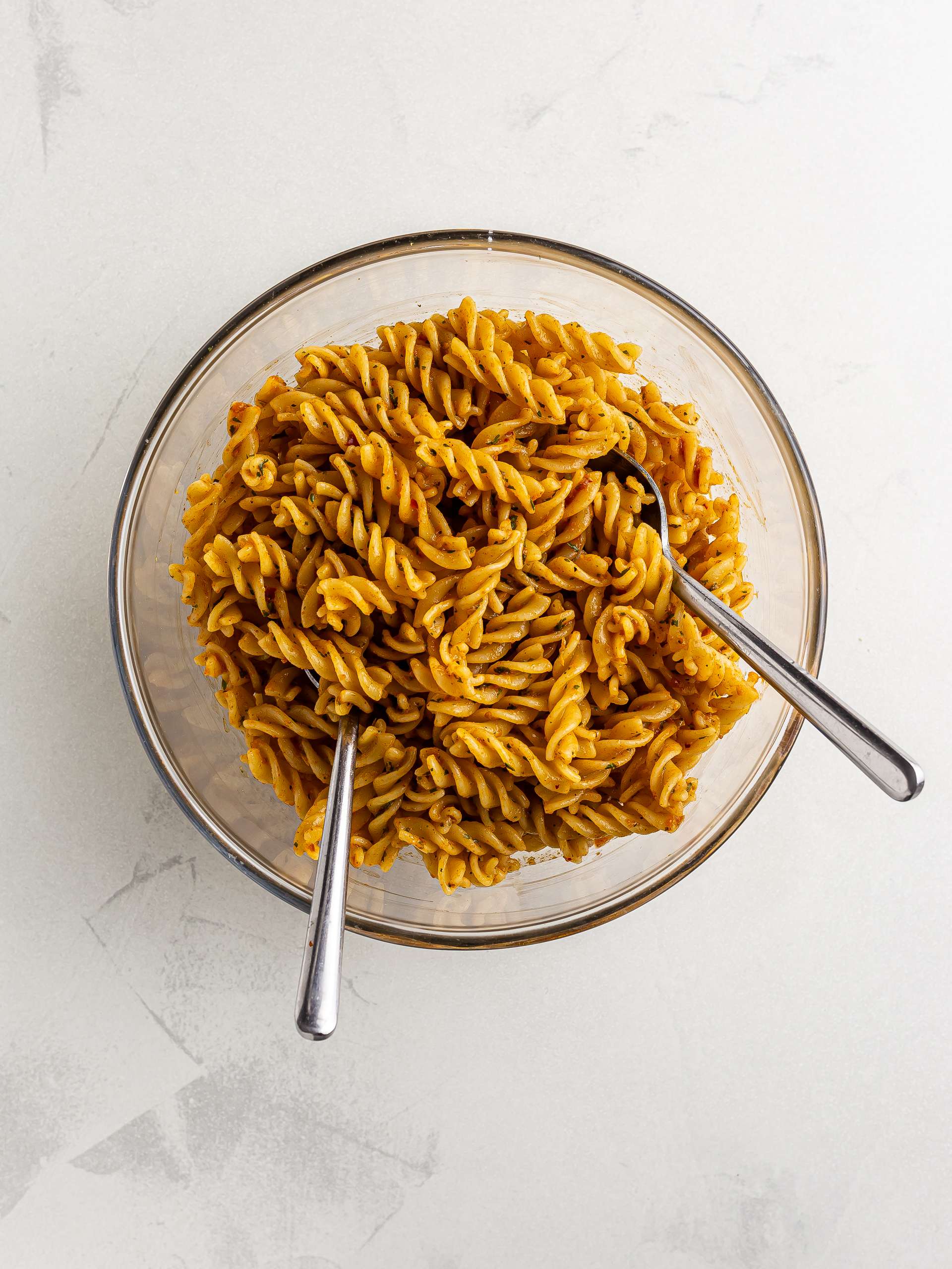 harissa pasta salad in a bowl