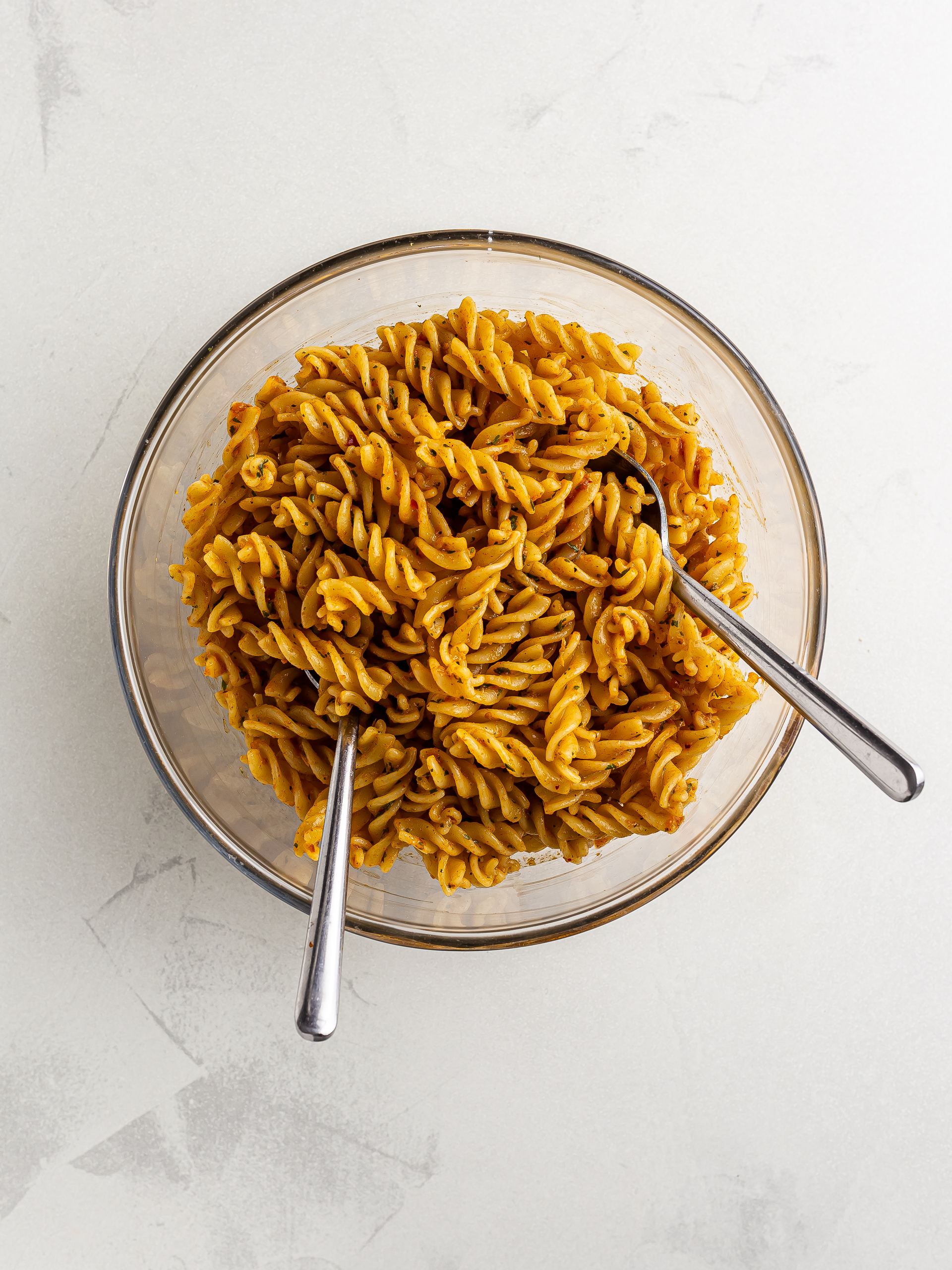 harissa pasta salad in a bowl