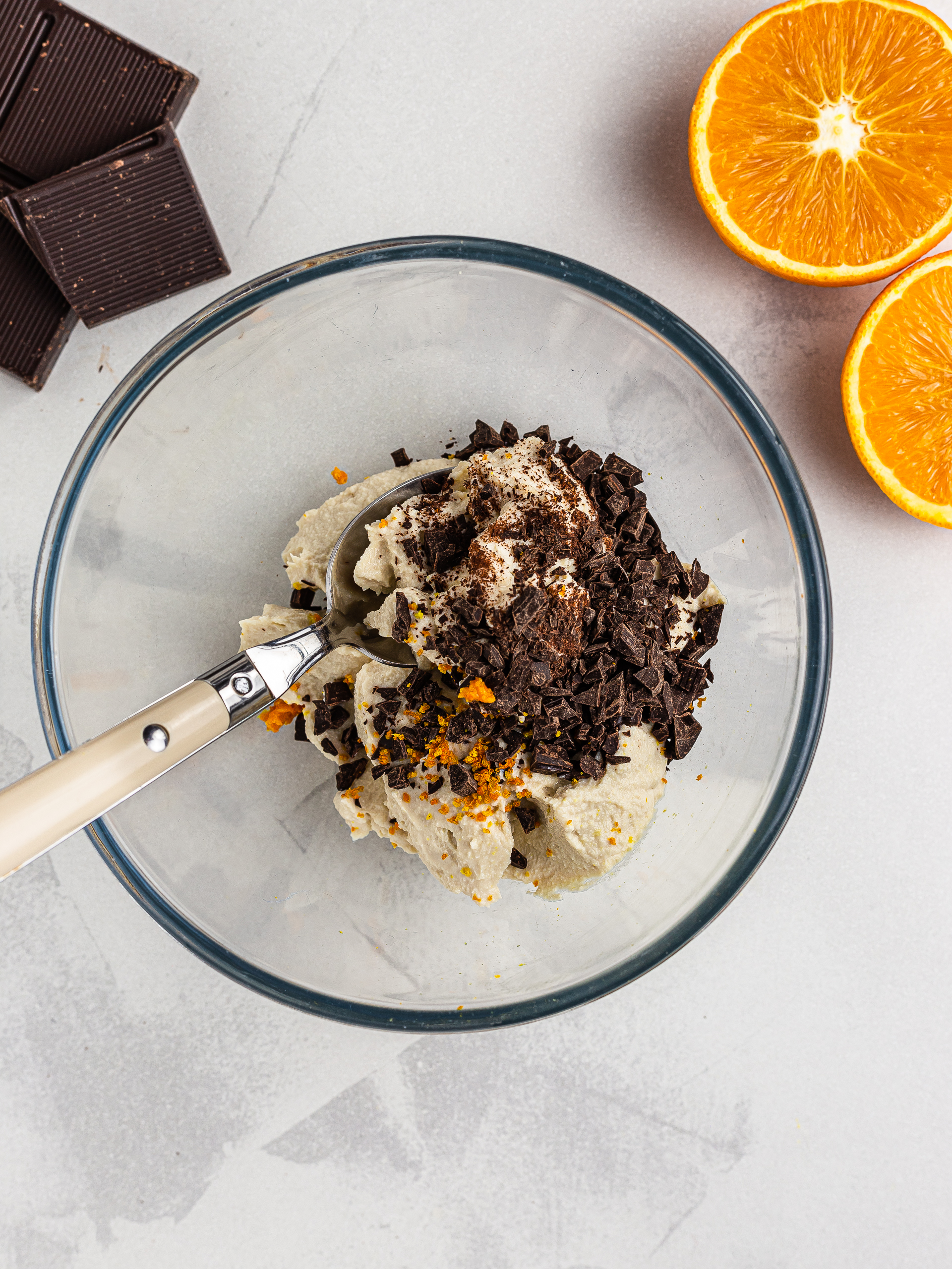 vegan cannoli filling with tofu, orange zest and dark chocolate