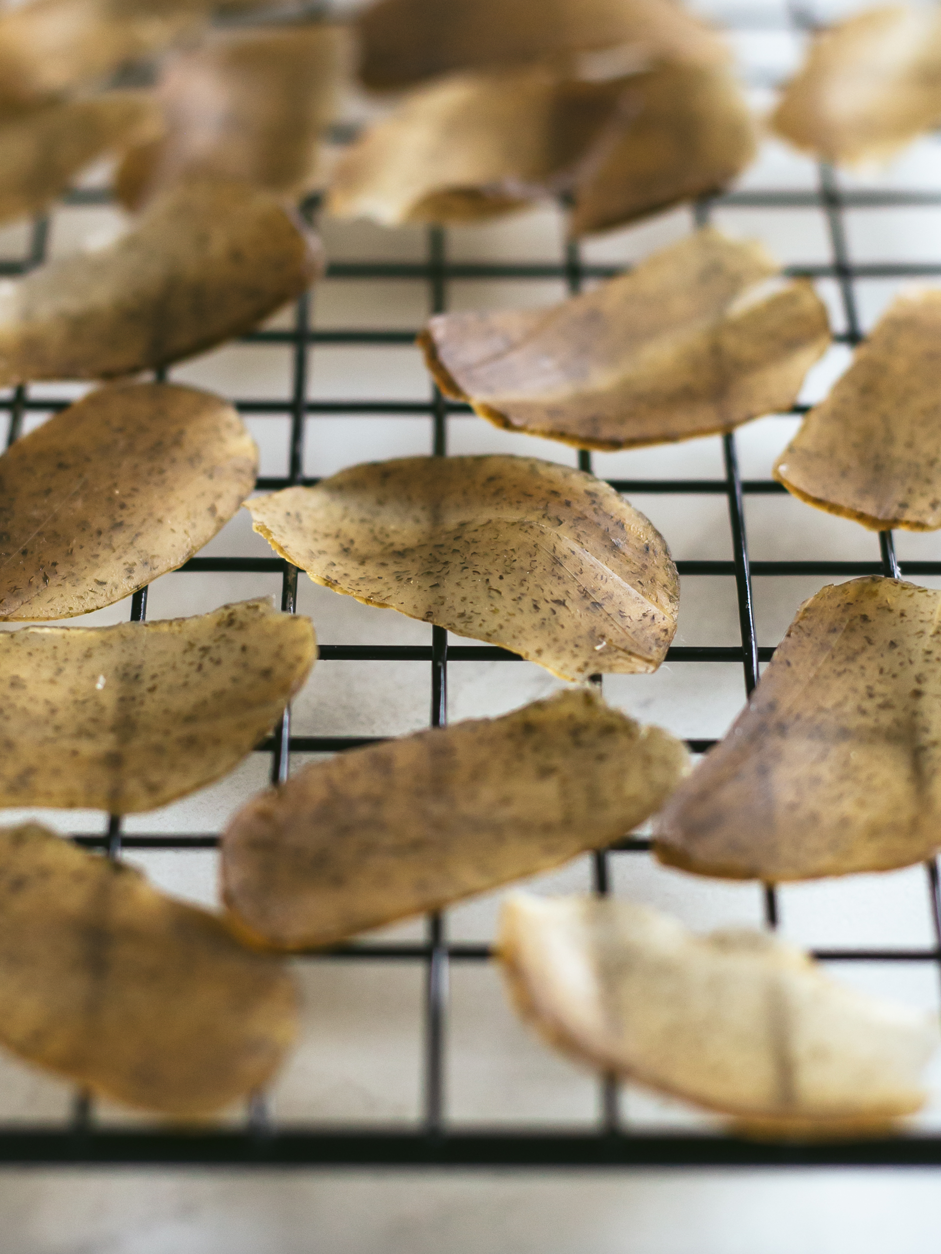 vegan prawn cracker chips with mushrooms dried on a tray