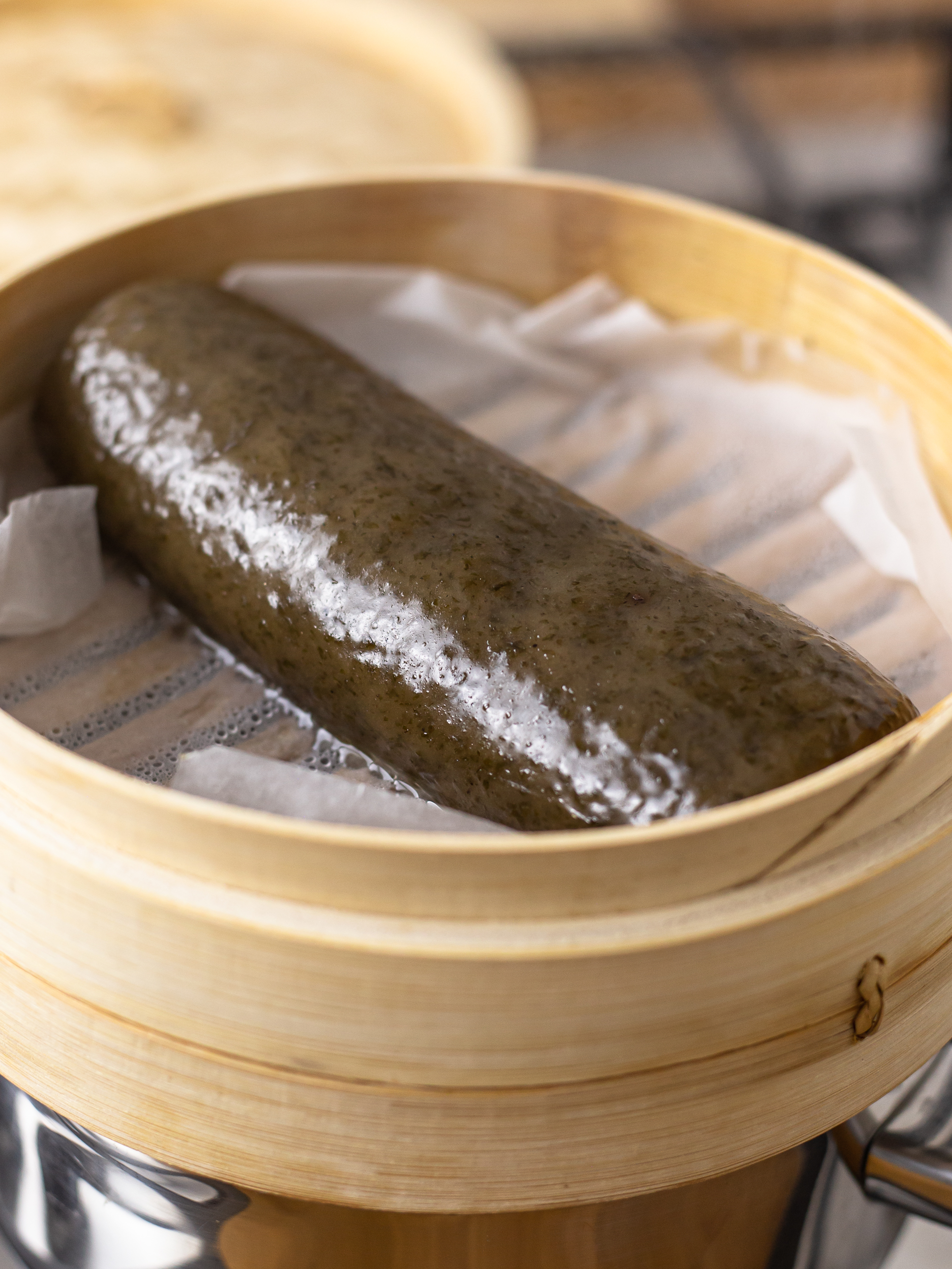 vegan prawn cracker mushroom dough steamed in a bamboo basket