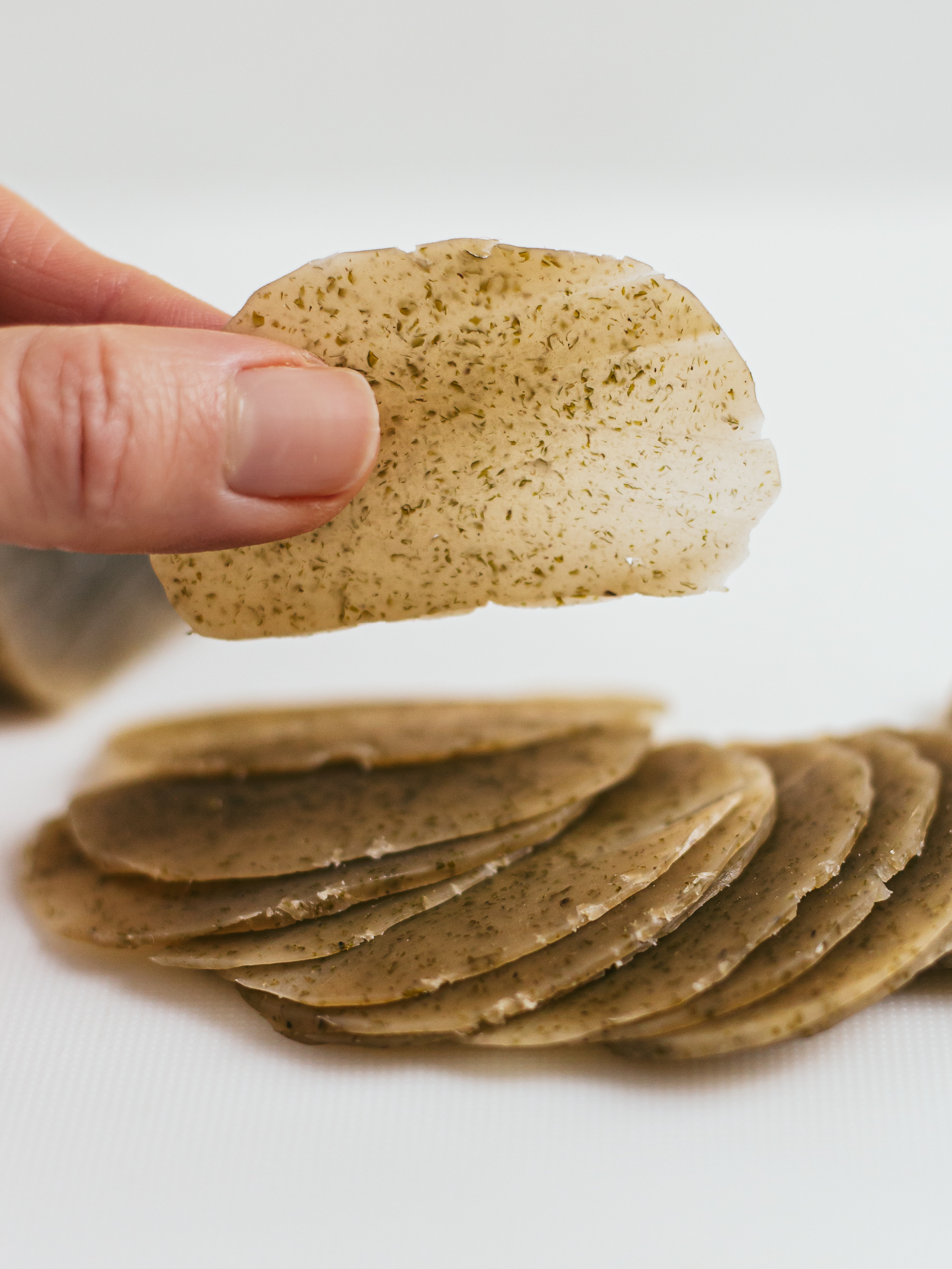 set vegan prawn cracker dough with mushrooms sliced into thin chips