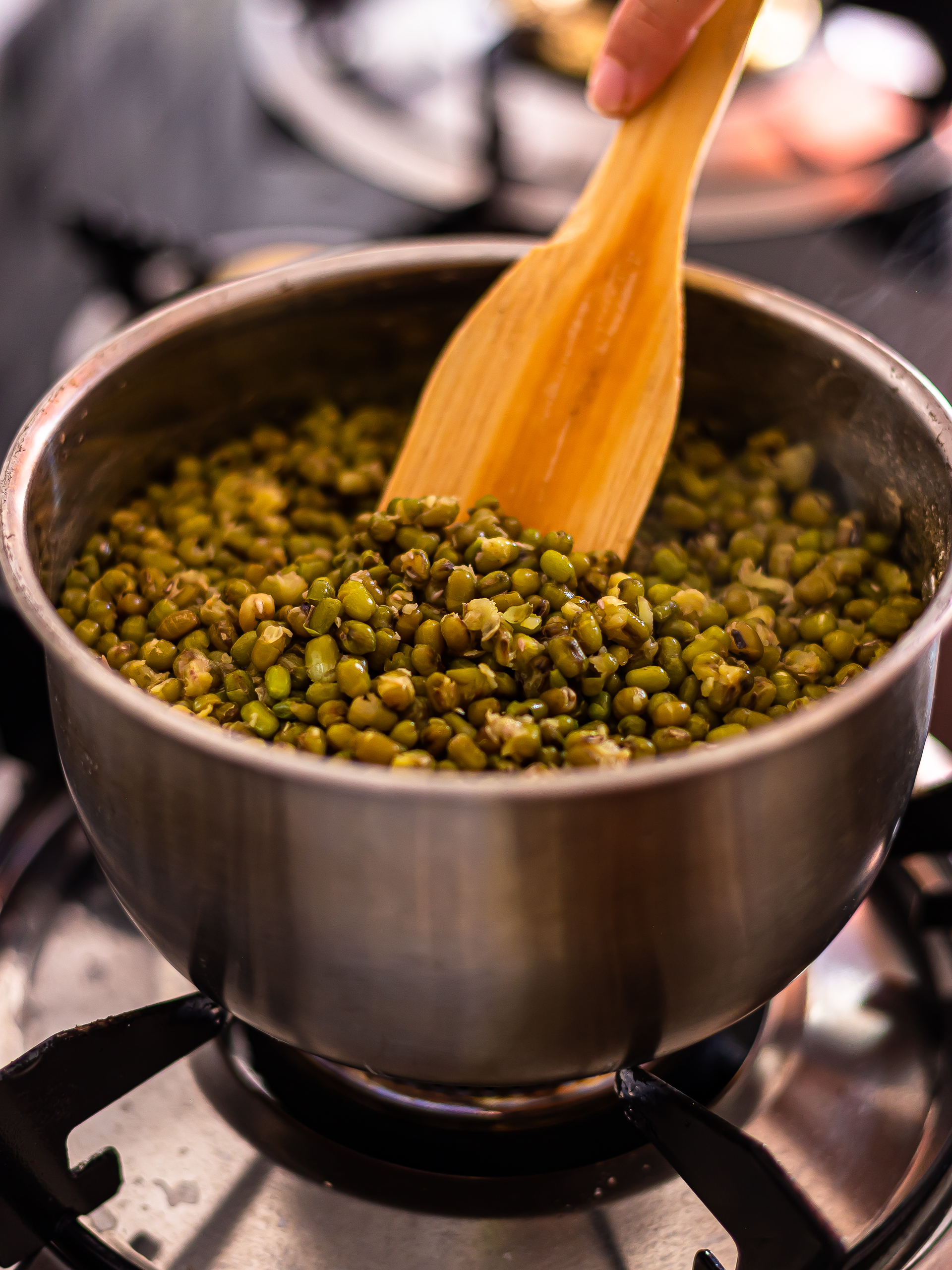 cooked mung beans in a pot