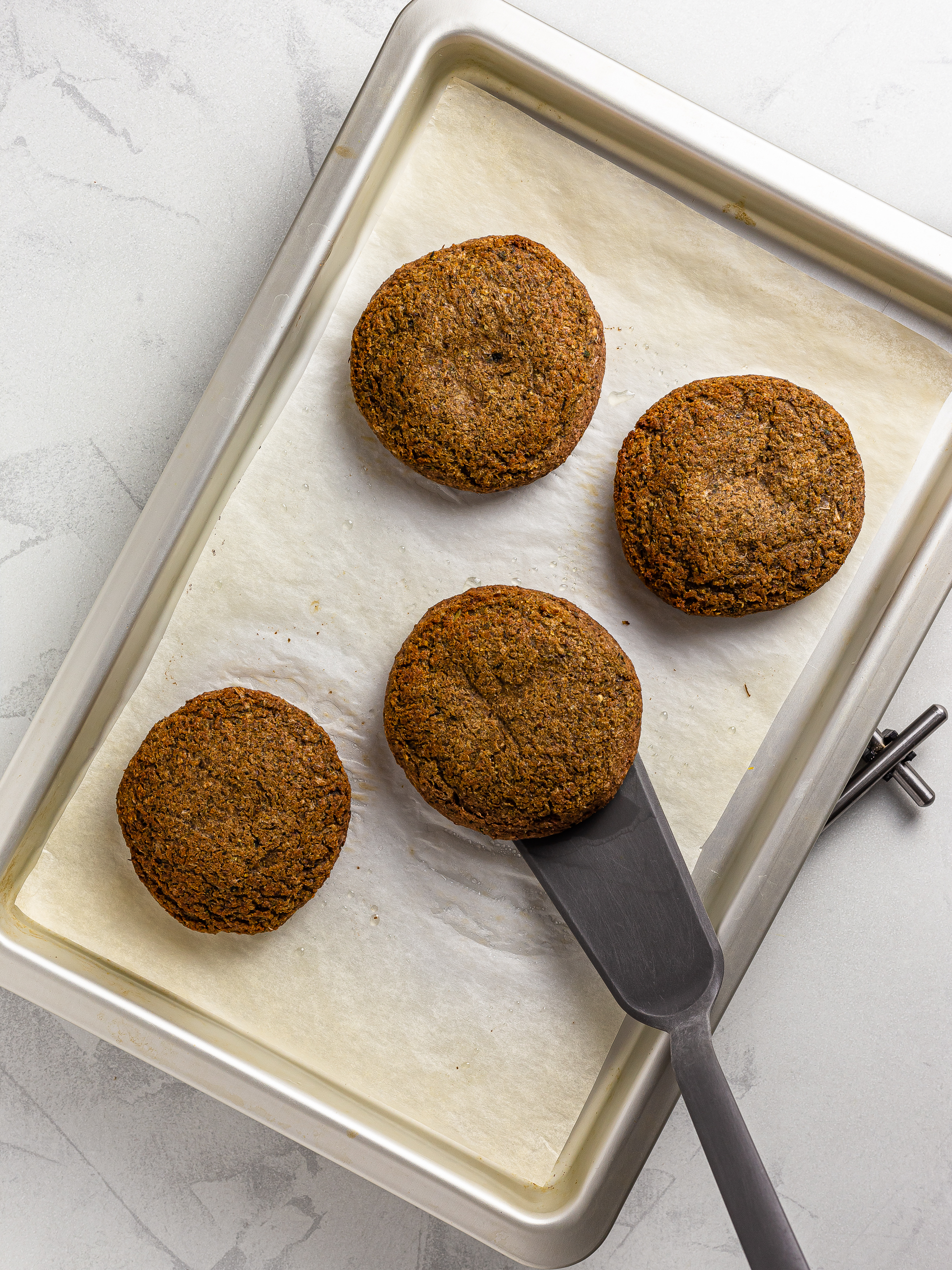 oven-baked mung bean burger on a tray