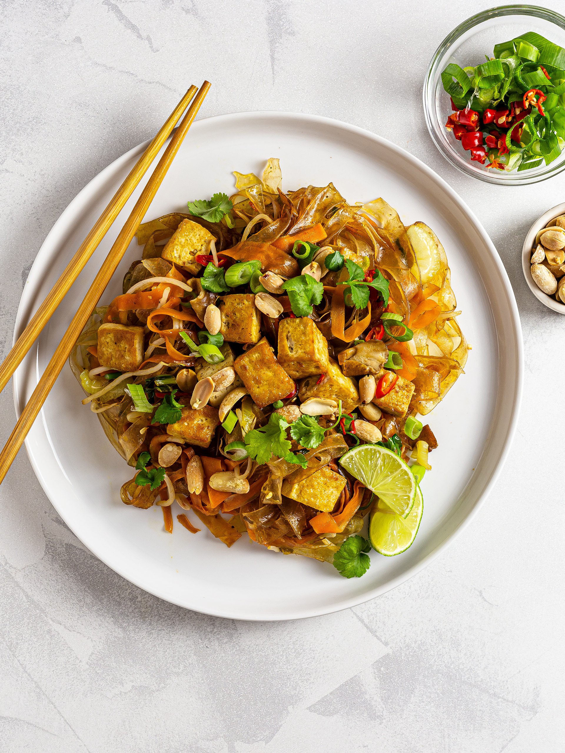 Tofu pad thai with peanuts, spring onions and bird eye chillies