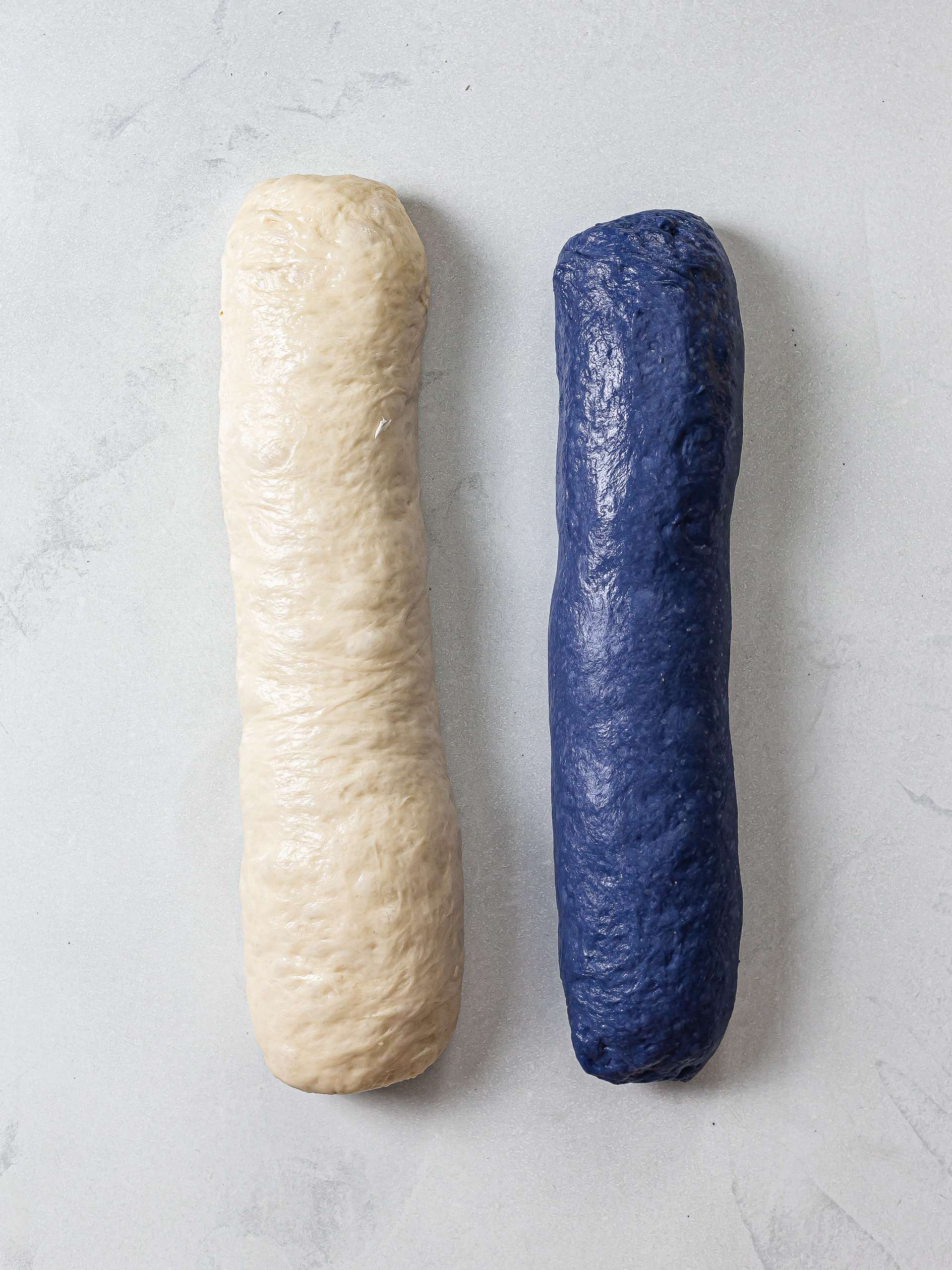 white and blue bread dough rolls to make braided bread