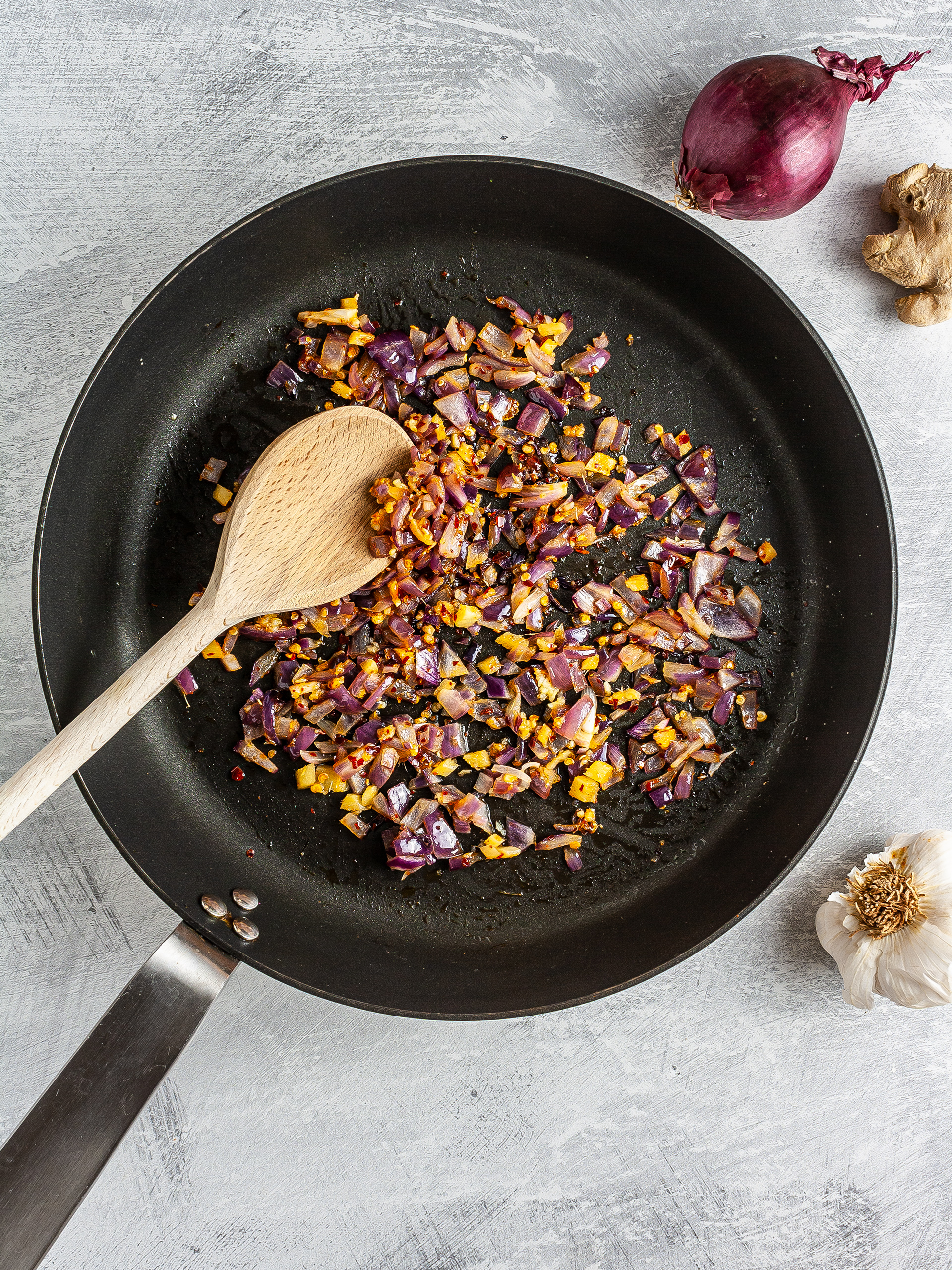 Sizzled onions, garlic, and ginger