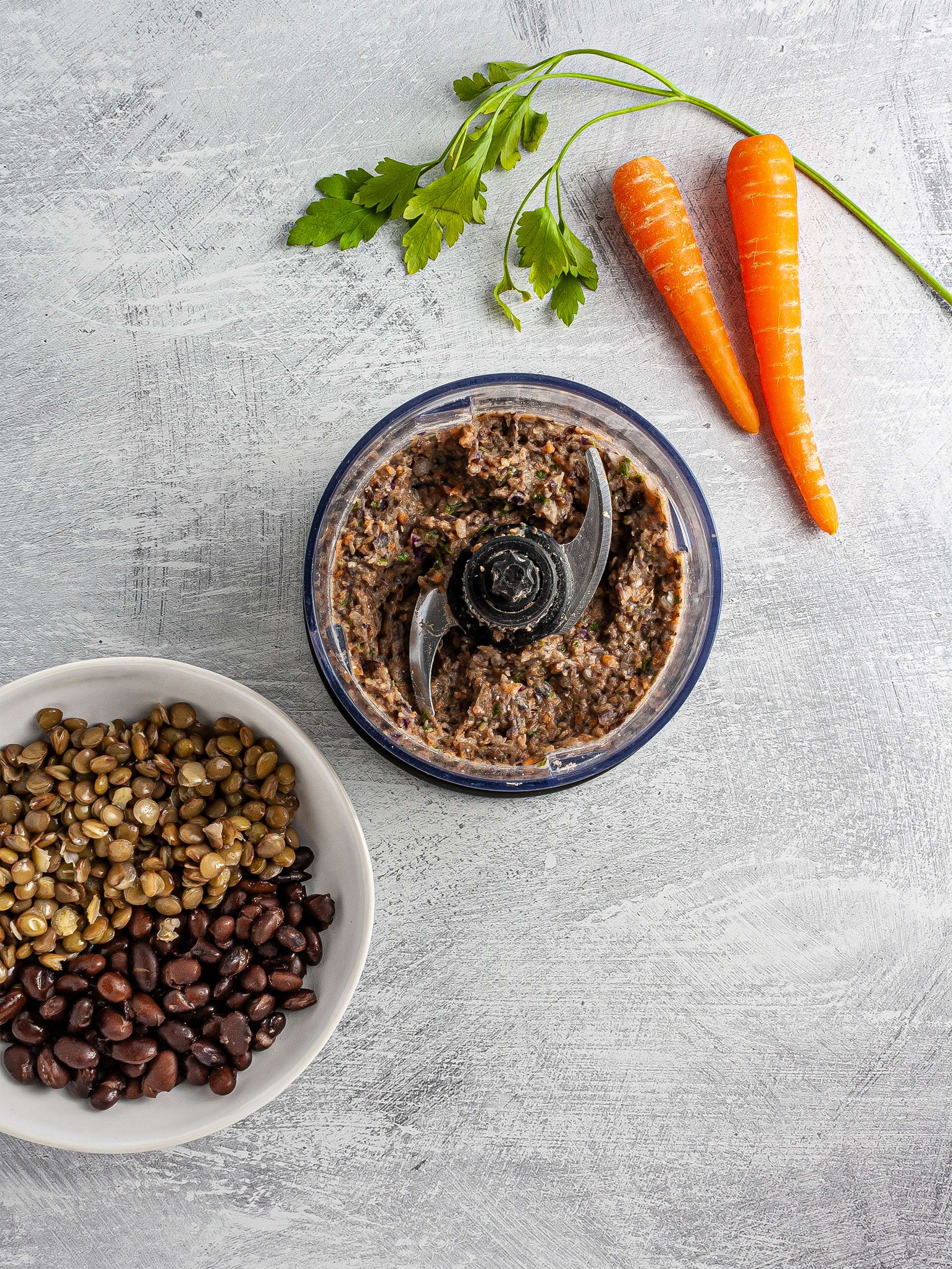 Black beans and lentils blended with carrots and parsley