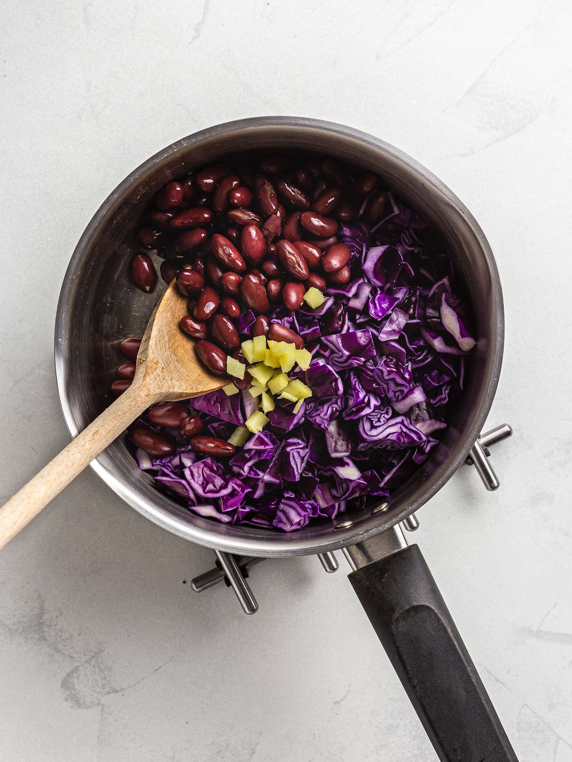 red cabbage and beans stew in a pot