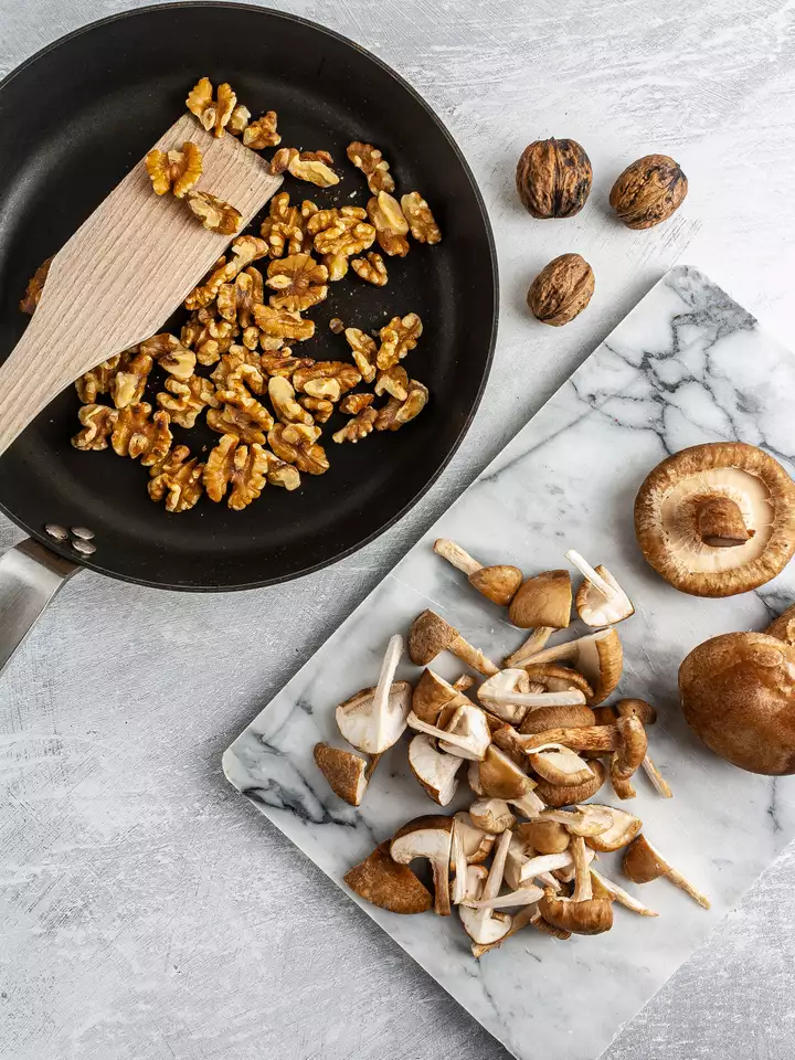 Toasted walnuts and chopped mushrooms