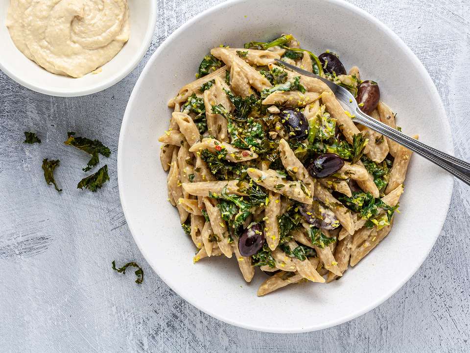 Vegan Hummus Pasta with Kale Recipe | Foodaciously