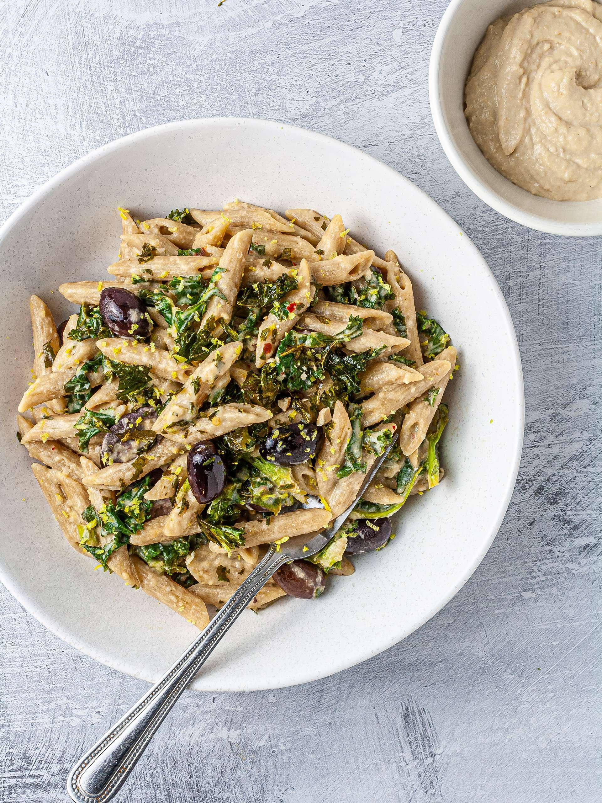 Vegan Hummus Pasta with Kale Recipe | Foodaciously