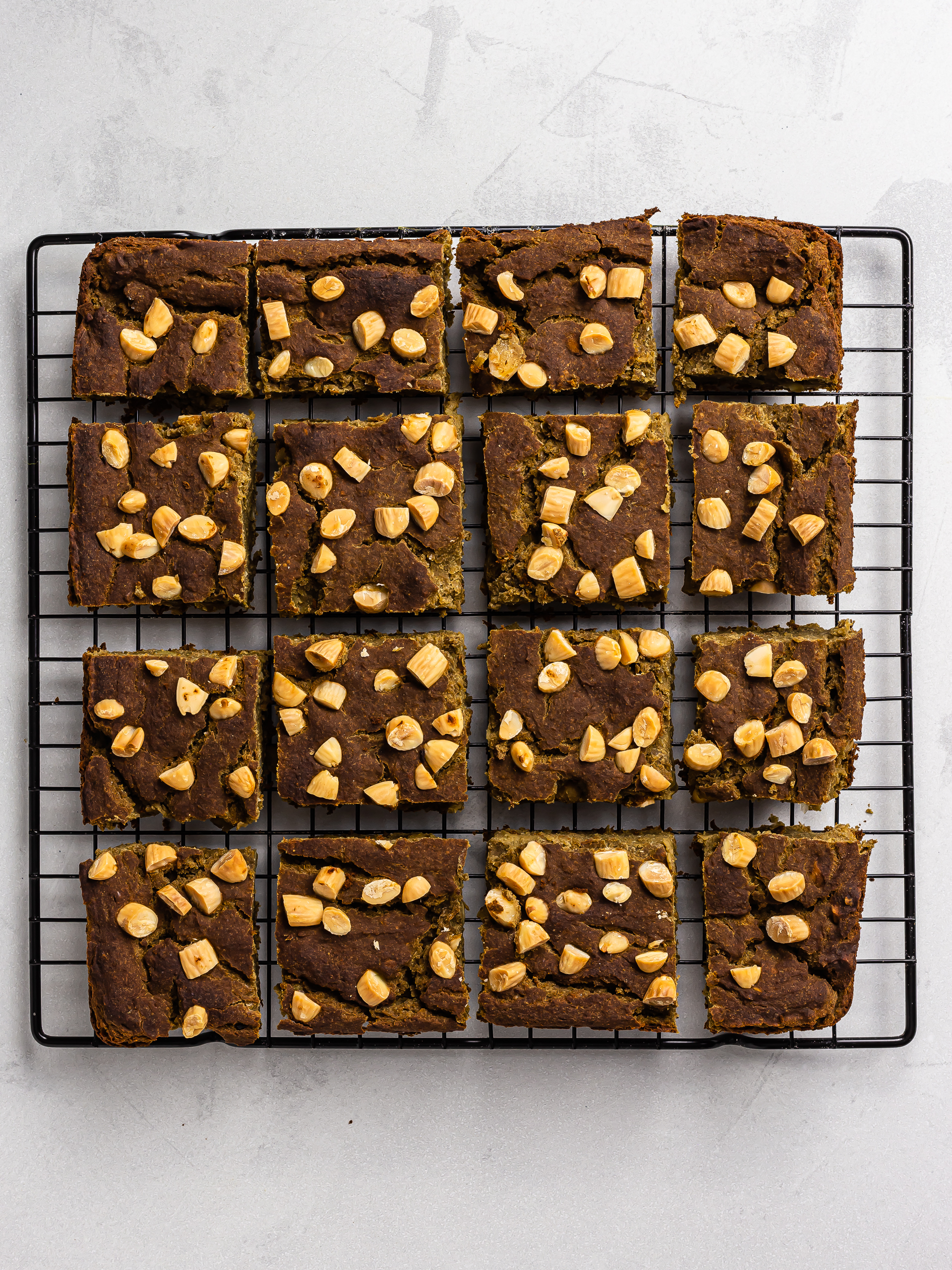 baked matcha brownies on a rack