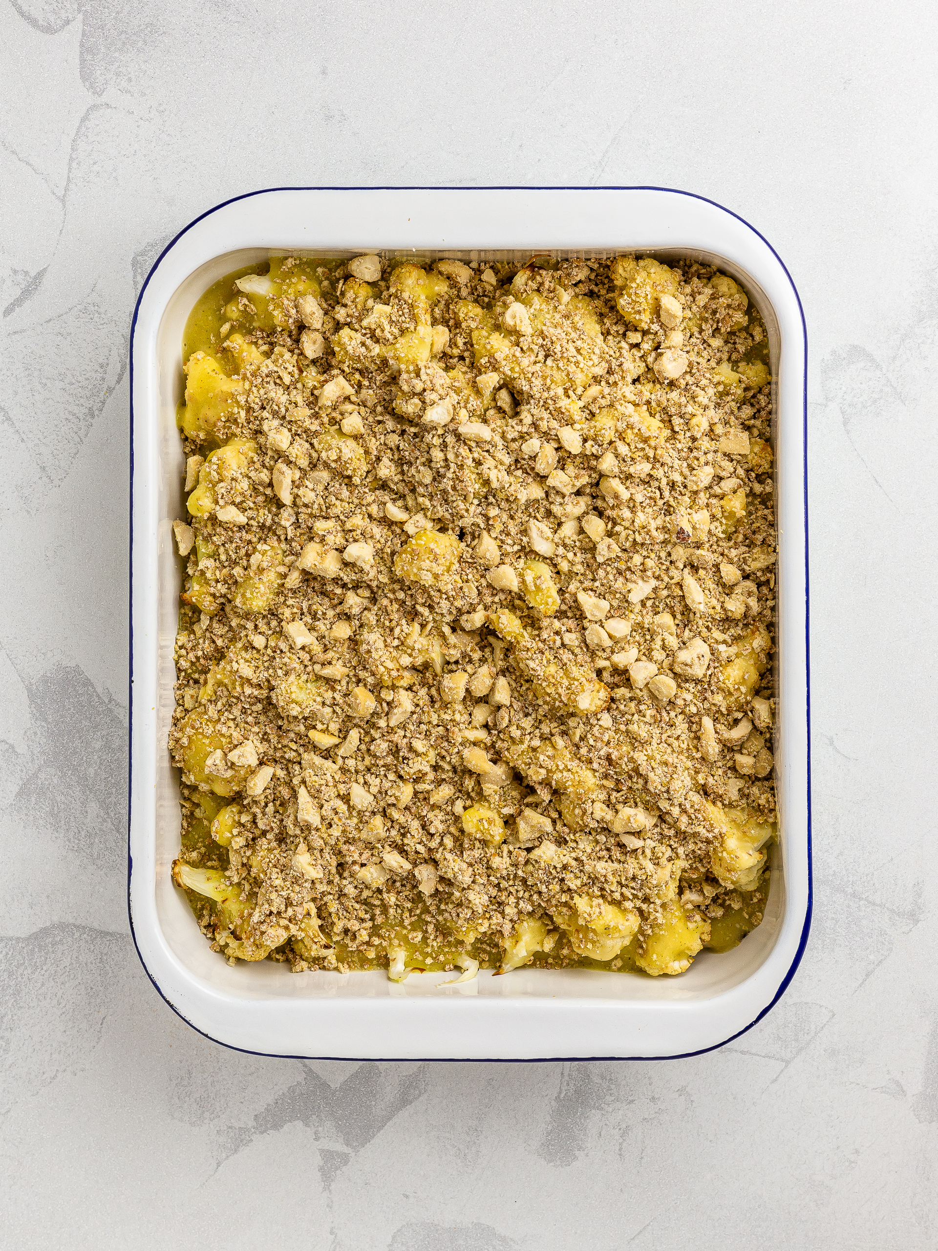 cauliflower crumble in baking dish