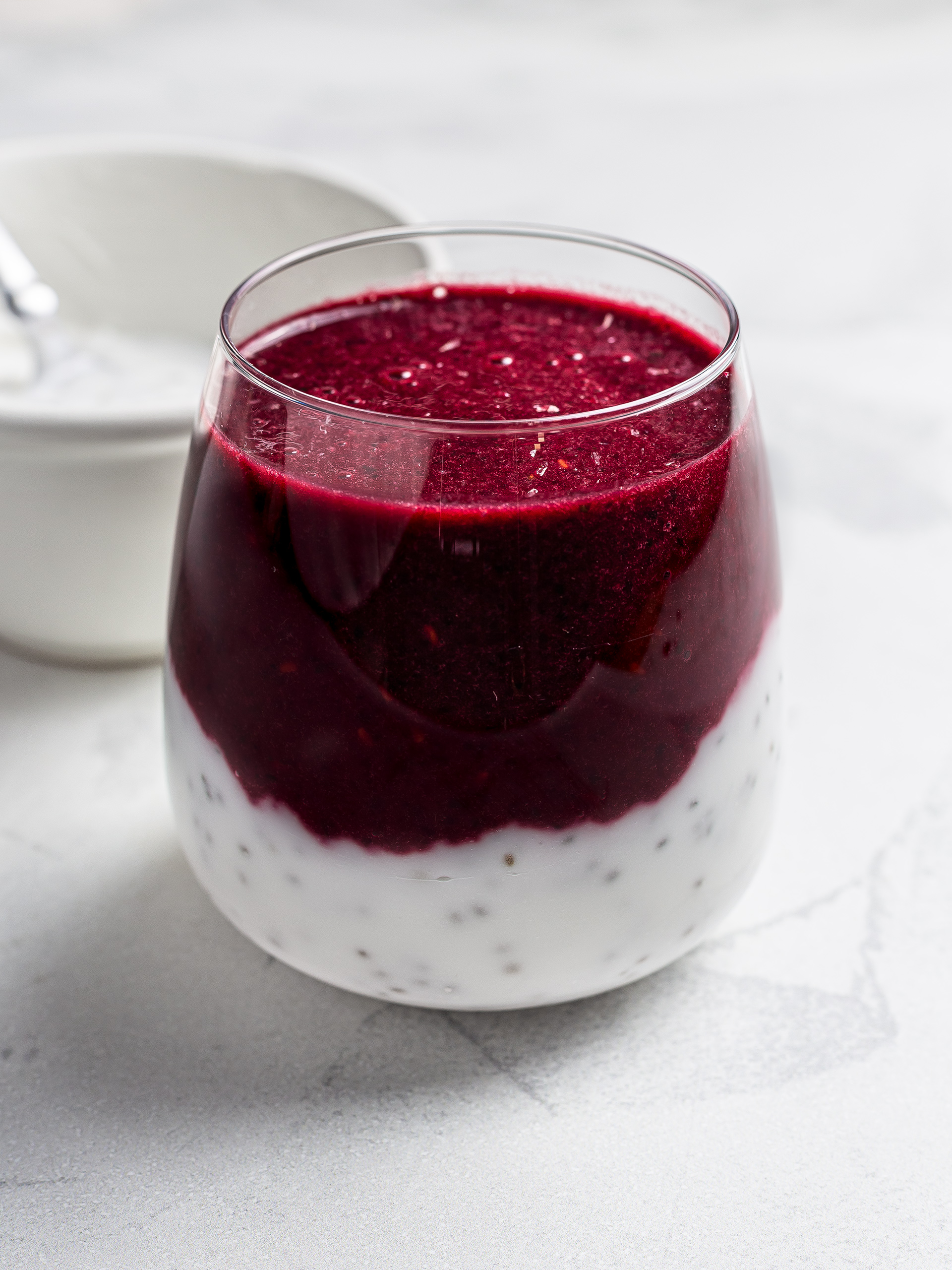 Beetroot smoothie with chia yogurt layer