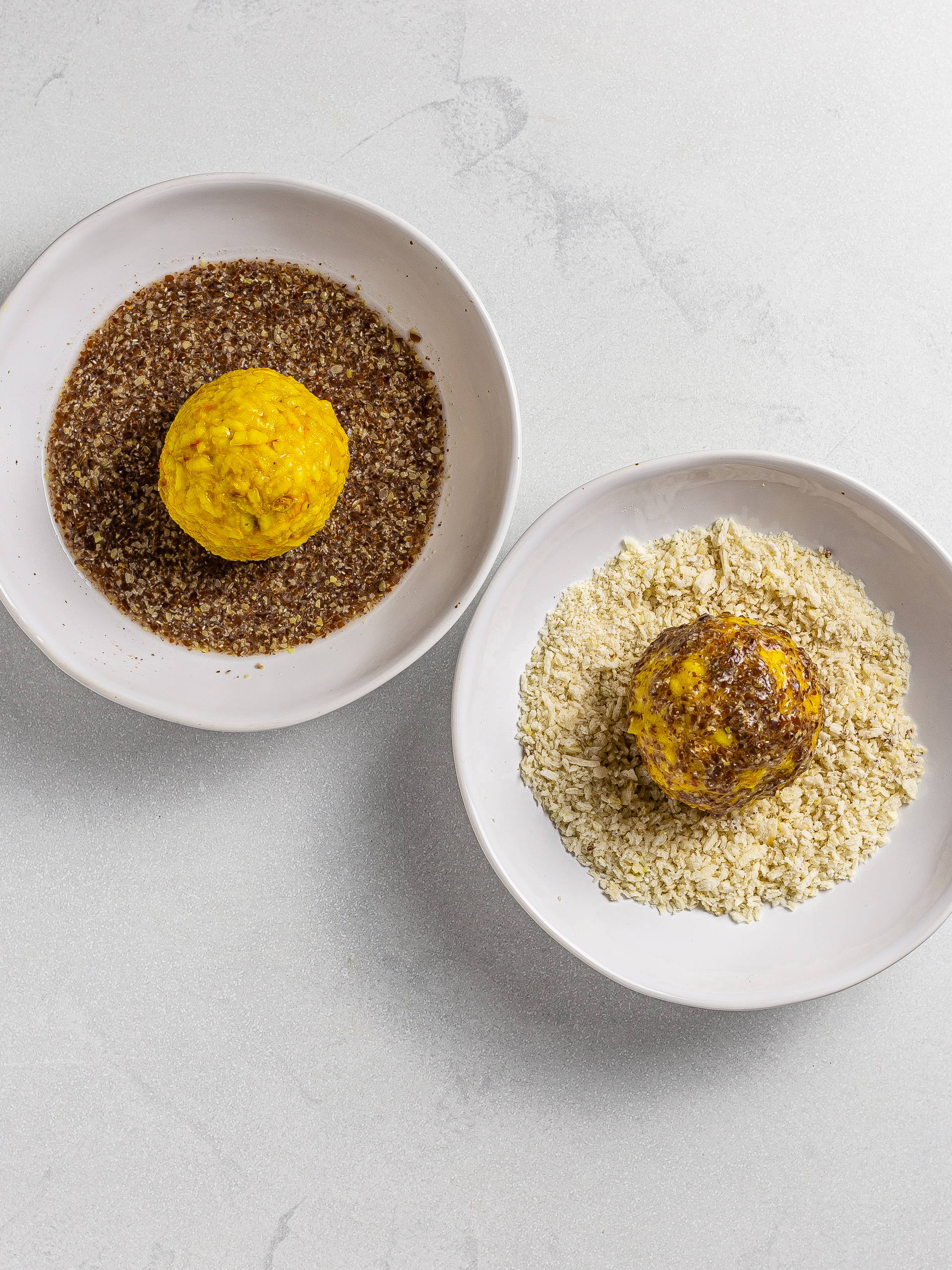 rice balls coated with flaxseeds and panko breadcrumbs